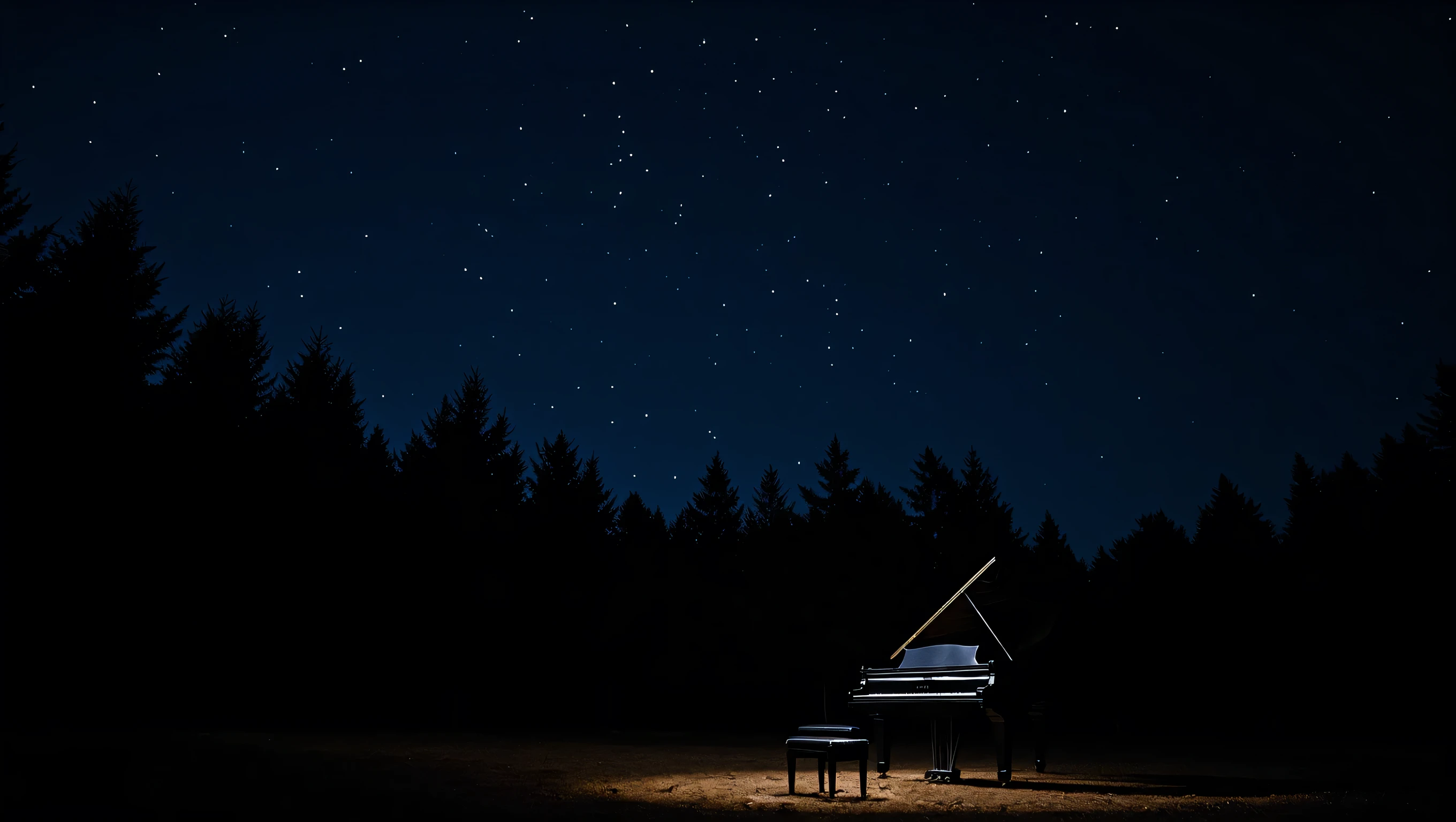 A realistic night photograph of a black grand piano placed in a quiet forest clearing under a clear November starry sky. Sparse conifer trees frame the scene, their silhouettes allowing countless stars to shine through the gaps. The piano reflects faint starlight on its glossy surface, surrounded by fallen leaves on the ground. The atmosphere is still and poetic, illuminated only by natural starlight. No people. Cinematic night photography, natural lighting, deep indigo sky, realistic details, tranquil and intimate composition.
Style: cinematic night outdoor photography
Lighting: natural starlight only, subtle reflection on piano surface
Color palette: deep navy, black, silver-white, subtle amber brown ground
Mood: serene, introspective, melancholic beauty