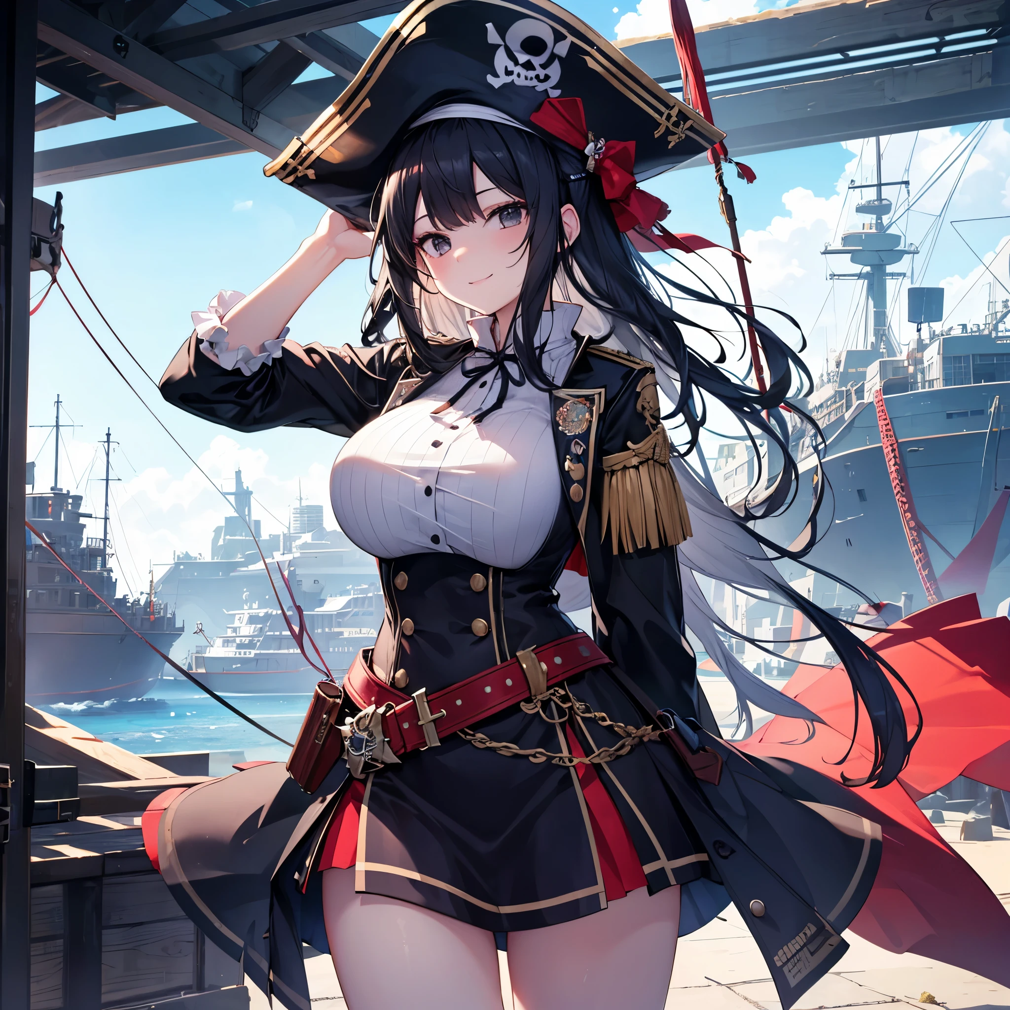 huge pirate ship, 甲板に立つ若いgirlsの海賊ボス, Pirate Hat, pirate flag, 
Holding a single-shot gun in his hand, holding a single-shot gun in his hand, 
dutch angle, bright color, Clear focus, Large Scale, 
Highest Quality, masterpiece, ultra high definition, very detailed, solo, 
girls, long black hair, black eyes before vaginal intercourse, perfect face, fair skin, 
perfect anatomy, Smile Yan, 
Height 147 centimeters, bust 79 cm, waist 56 cm, hip 79 cm, 
Best Shadow, 
