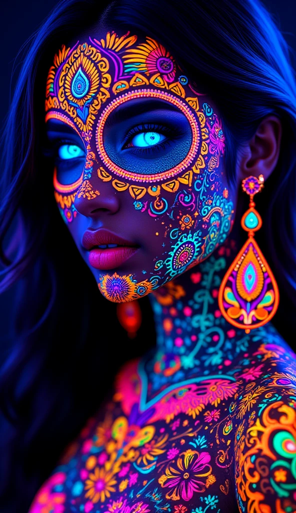 Black light art，(tmasterpiece, top-quality, Best quality at best, offcial art, Beautiful and beautiful:1.2), ((Latina Adult model Daisy Marie)), (1个Giant Breast Girl:1.3), The is very detailed,(s fractal art:1.2),Colorful, (traditionalcostumes:1.2), The most detailed,( Zentangle neon light:1.2), (dynamicposes), (Abstract background neon lights:1.5), (Glossy glossy skin), (Lots of colors:1.4), neon,16k,Full-HD, full body, full shot 