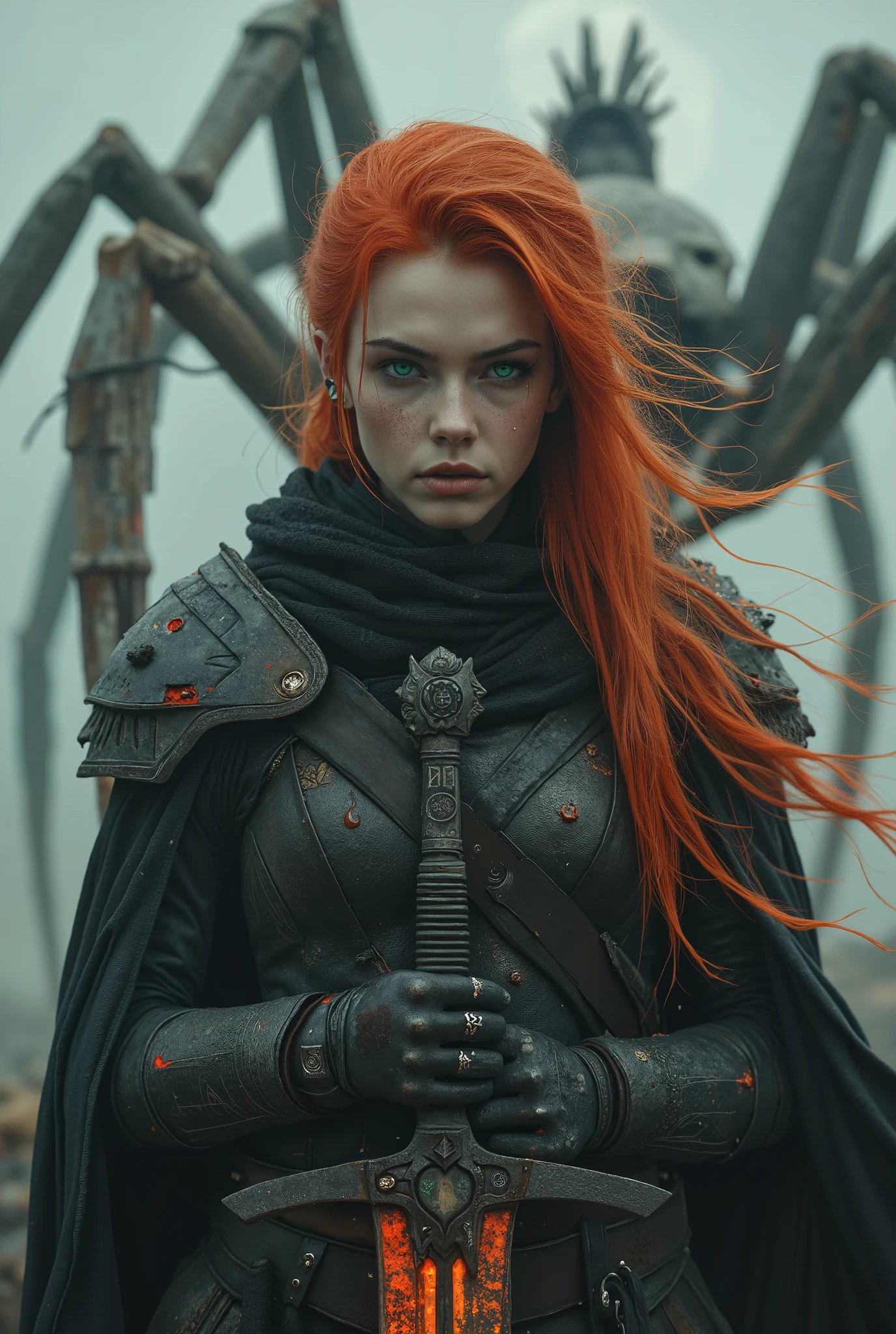 An ultra-realistic dark fantasy cinematic portrait of a red-haired elven warrior standing in a fog-shrouded wasteland. Her long fiery hair flows like living flame around her face, revealing finely shaped elven ears adorned with silver rings and ancient runic piercings. She wears a dark obsidian armor with intricate engravings of forgotten symbols, combined with a torn black cloak fluttering in the cold wind. In her hands, she holds a massive broad sword forged from blackened steel, its blade wide, ancient, and glowing faintly with crimson runes pulsing like embers. Behind her towers a colossal spider, pale and skeletal, its limbs cracking the earth, eyes burning with green infernal fire. Dust and mist spiral through the air under the dim light of a dying moon. UHD HDR 128K, ultra-detailed 2:3 composition, cinematic depth, realistic skin pores, wind effects on hair and fabric, atmospheric lighting, dark fantasy mood, epic scale, hyperreal textures.