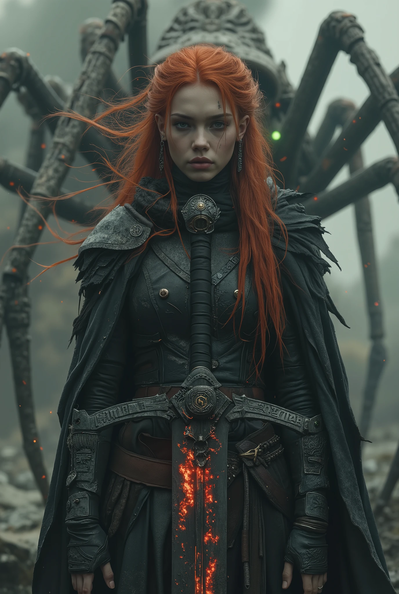 An ultra-realistic dark fantasy cinematic portrait of a red-haired elven warrior standing in a fog-shrouded wasteland. Her long fiery hair flows like living flame around her face, revealing finely shaped elven ears adorned with silver rings and ancient runic piercings. She wears a dark obsidian armor with intricate engravings of forgotten symbols, combined with a torn black cloak fluttering in the cold wind. In her hands, she holds a massive broad sword forged from blackened steel, its blade wide, ancient, and glowing faintly with crimson runes pulsing like embers. Behind her towers a colossal spider, pale and skeletal, its limbs cracking the earth, eyes burning with green infernal fire. Dust and mist spiral through the air under the dim light of a dying moon. UHD HDR 128K, ultra-detailed 2:3 composition, cinematic depth, realistic skin pores, wind effects on hair and fabric, atmospheric lighting, dark fantasy mood, epic scale, hyperreal textures.