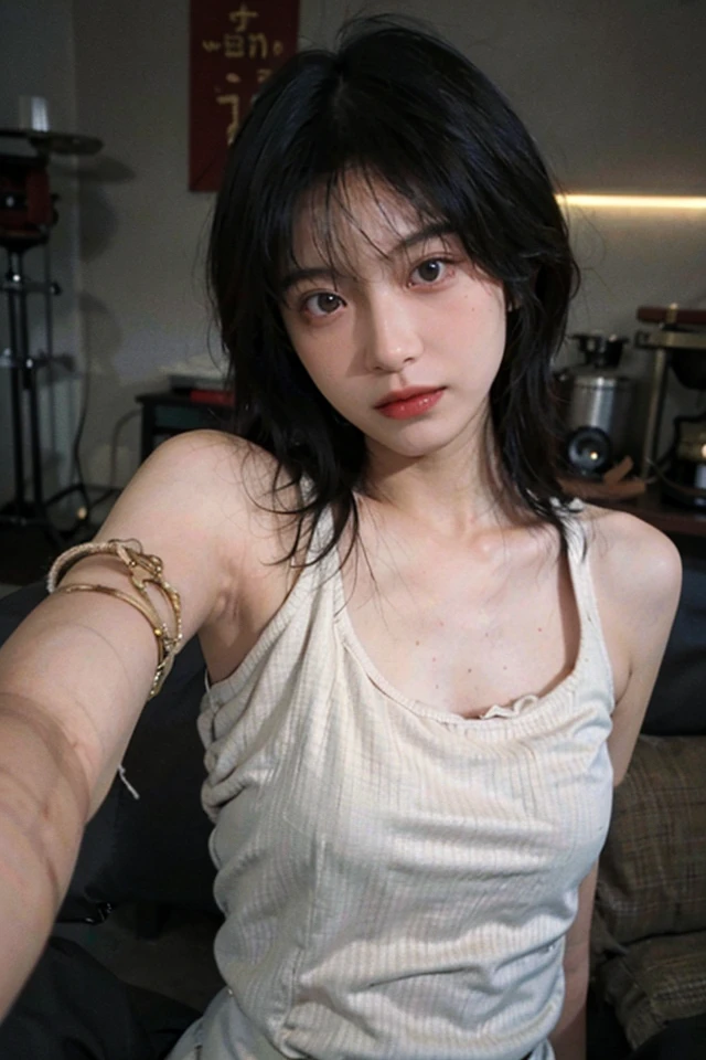 8K,Best quality, masterpiece, ultra high res, (photorealistic:1.4), raw photo, (Authentic skin texture:1.3), (film grain:1.3), (selfie angle),1girl,beautiful detailed eyes and face,masterpiece, best quality,close-up,upper bod, portrait, photography, perfect armpit, shiny