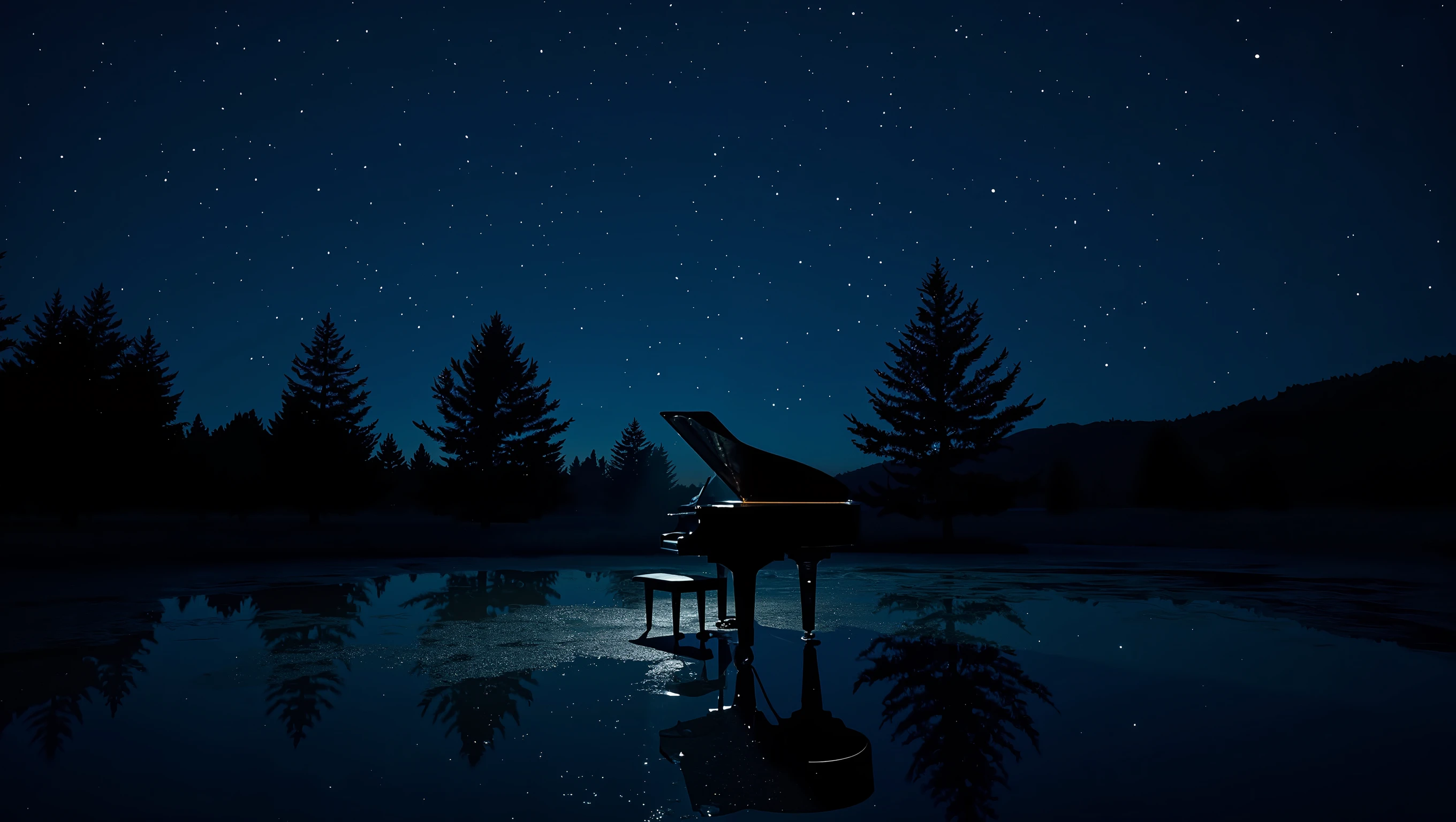 A realistic night photograph of a black grand piano standing on damp ground that reflects the starry November sky above. Countless stars shimmer both in the sky and in the shallow water on the ground, creating a mirror-like effect. Sparse conifer trees frame the background, their silhouettes blending softly into the night. The piano’s glossy surface catches faint starlight, surrounded by gentle darkness. No people. Cinematic night photography, natural starlight only, deep indigo tone, poetic and serene mood, realistic reflection, tranquil atmosphere.
Style: cinematic night photography, starlight reflection
Lighting: natural starlight only, subtle reflection on wet ground and piano surface
Color palette: deep navy, black, silver-white reflections, faint amber brown tones
Mood: quiet wonder, melancholic beauty, ethereal serenity