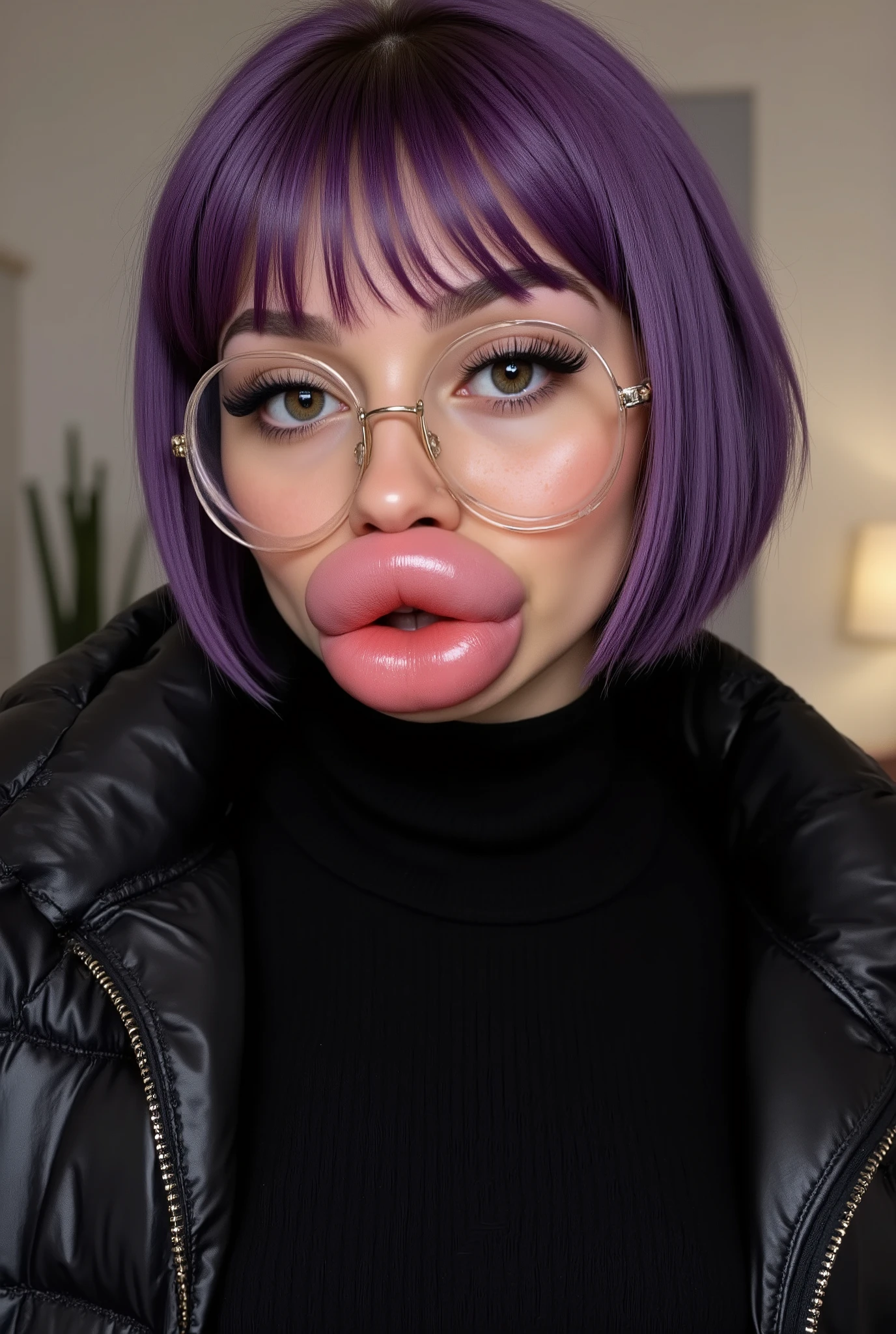 Girl with purple hair, Short straight bob line hair with bangs, 18 year old, wearing black slouchy ribbed wool turtleneck sweater underneath a black leather expensive puffer jacket, She has huge fake boobs, Super big round fake boobs worn underneath her black sweater, She is also wearing nerd glasses, botox face, face lifting, purple hair, brown eyes, medium shot, huge lips, Big lips , botox lips,