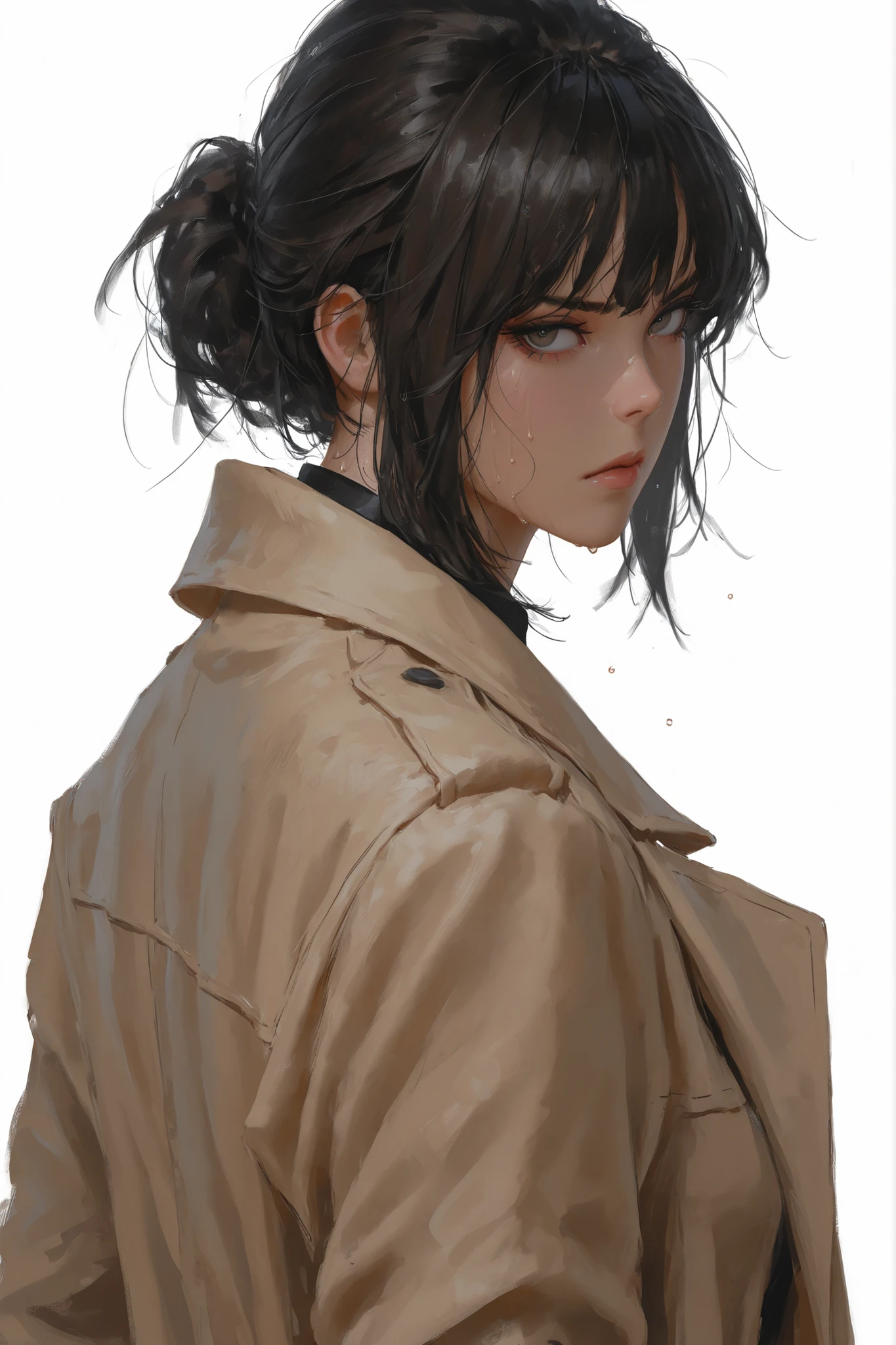 1girl, solo centered, female spy, sweaty, solid white background, solid background, blank background, looking back, trenchcoat, elegant, serious, harsh cast shadow, dramatic lighting, Korean comic style , semi-realistic art , semi-realistic art style , expressive brushstrokes , vibrant brushstrokes , impressionist painting  detailed, portrait, upper body, guweiz style, wlop style, artgerm style, krenz cushart style, realistic portrait, masterpiece, best quality, absurdres
