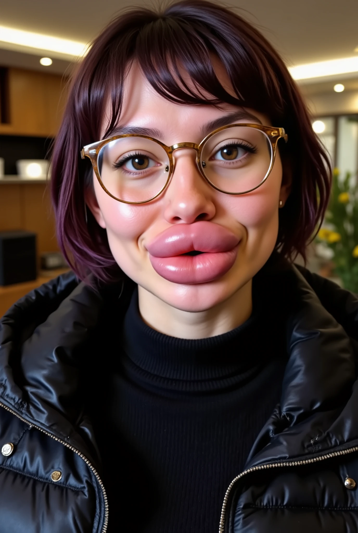  Girl with purple hair, Short straight bob line hair with bangs, 18 year old, wearing black slouchy ribbed wool turtleneck sweater underneath a black leather expensive puffer jacket, She has huge fake boobs, Super big round fake boobs worn underneath her black sweater, She is also wearing nerd glasses, botox face, face lifting, purple hair, brown eyes, medium shot, huge lips, Big lips , botox lips,