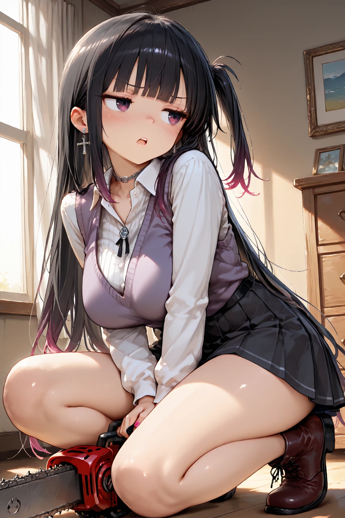 spread 、 Black hair twin tails、【crotch grab】Uterus、Opening up my little  and showing it off、flat 