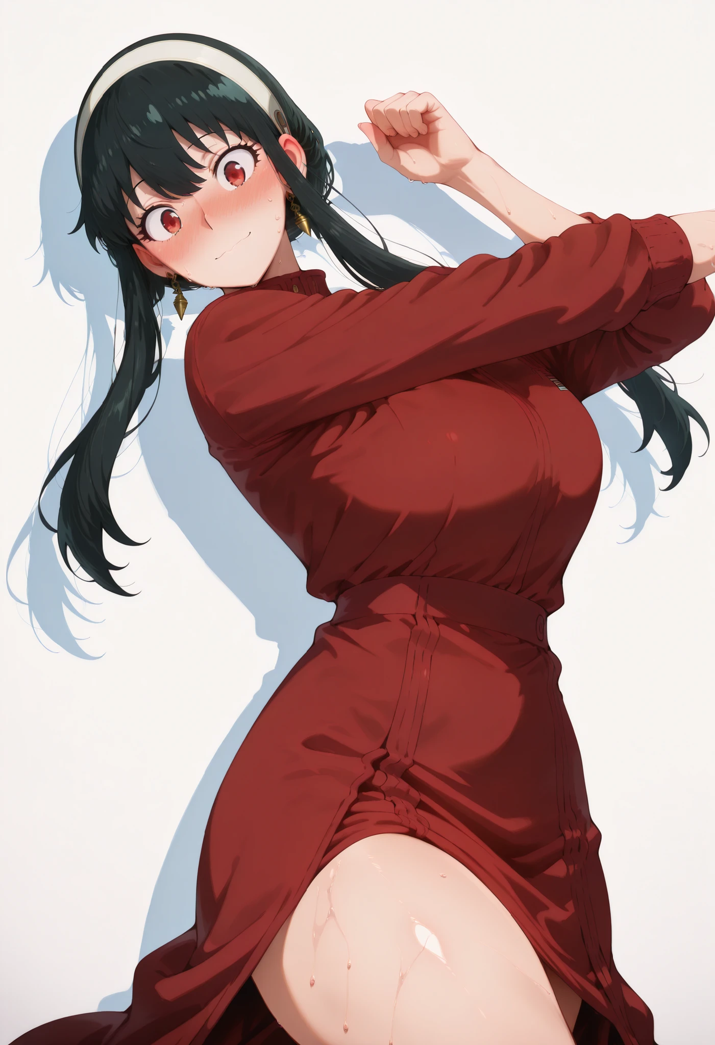score_9, score_8_up, score_7_up, score_6_up, score_5_up, score_4_up, masterpiece, high quality, yor briar, black hair, red eyes, earrings, white hairband, hairband, long hair, sidelocks, large breasts, shiny skin, shiny hair, shiny body, clear body, large breasts, nose blush, sweat, sweaty, sweaty:1.3,, standing, nice legs,, looking at viewer, thick thigh, thick thighs, nice face, solo, opaque clothes, cowboy shot, nice legs, DYNAMIC POse, , solo, large breasts, thick thigh, dynamic pose, ,,,, LOOKING AT VIEWER, WHITE BACKGROUND, EMPTY BACKGROUND, soft smile,, DYNAMIC POSE,  , longpencilskirt, long skirt
