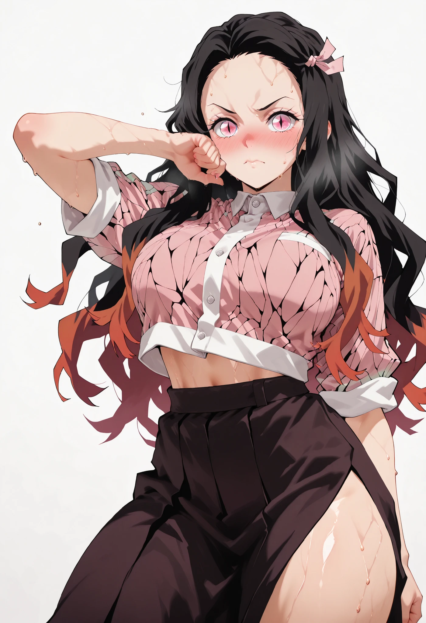 score_9, score_8_up, score_7_up, source_anime, sweat, sweaty, large breasts, looking at viewer, standing, sweay:1.3,, navel, midriff,, large breasts, nose blush, solo, female, thick thigh, thick thighs, sweat, sweaty, sweaty:1.3, white background, simple background, nezuko, nezuko from demon slayer, nezuko kamado, black hair, forehead, hair ribbon, long hair, multicolored hair, pink eyes, orange hair, slit pupils, wavy hair, two-tone hair, SOLO,, cowboy shot, solo, posing, pose,,  longpencilskirt, long skirt
