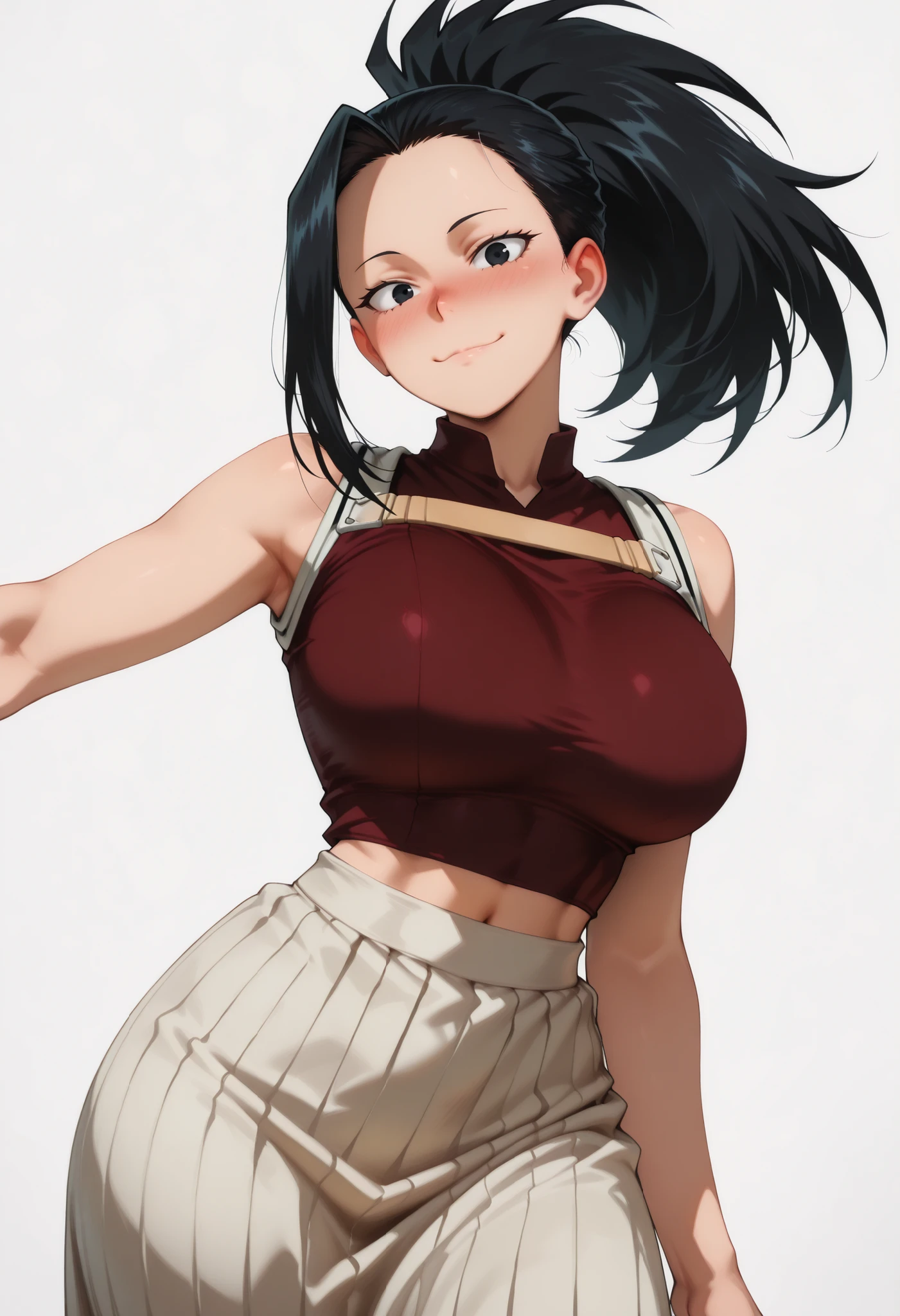 nose blush, shiny legs, shiny body, shiny hair, clear skin, clear body, short hair,, white background, simple background, standing, (masterpiece), best quality, expressive eyes, perfect face,1girl,(large breasts),, nose blush, looking at viewer,, nice legs, white background, simple background, posing, yaoyorozu momo, long hair, bangs, black hair, ponytail, black eyes, high ponytail, wide ponytail, tight clothes,,, COWBOY SHOT,, SOLO,solo, large breasts, thick thigh, dynamic pose, navel ,midriff,,, LOOKING AT VIEWER, WHITE BACKGROUND, EMPTY BACKGROUND, soft smile,, DYNAMIC POSE, longpencilskirt, long skirt
