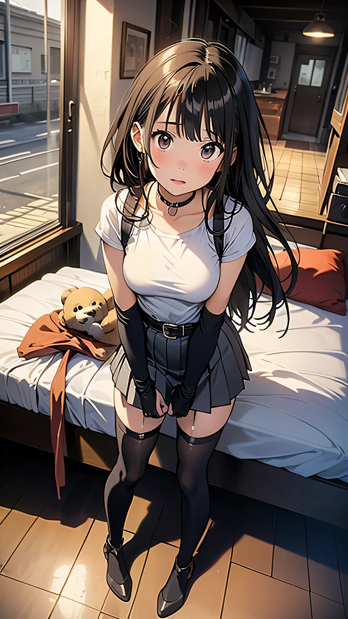 flat-colors、depth of fields、lens flare 1 girl、、Brown hair、watching at viewers　　　black suspenders　　　Bulging big breasts　　 　 　　　walls: 　Black 　garters　　　　　　Gaze　　　Small face　bangss 　　　　　a belt 　Beautuful Women　hands up　Lying in bed　 　　sideways eyes