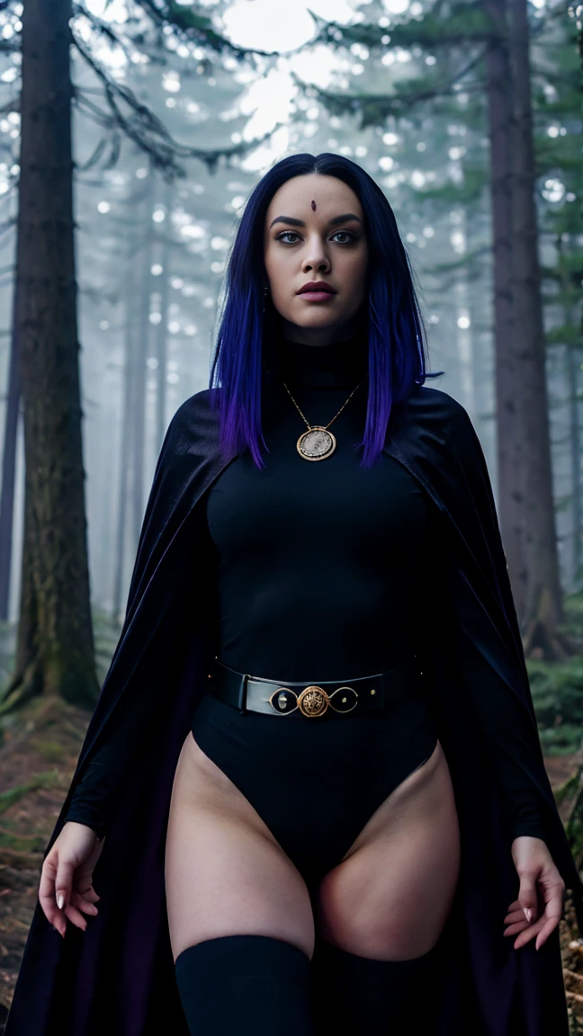 upper body shot of raven, hotraven, pale skin, black leotard, turtleneck, tights, cape, glowing eyes, belt, jewels, medallion, athletic, looking at viewer, night, dark forest, mist, fog, volumetric lighting, best quality, masterpiece, intricate details, tonemapping, sharp focus, hyper detailed, realistic