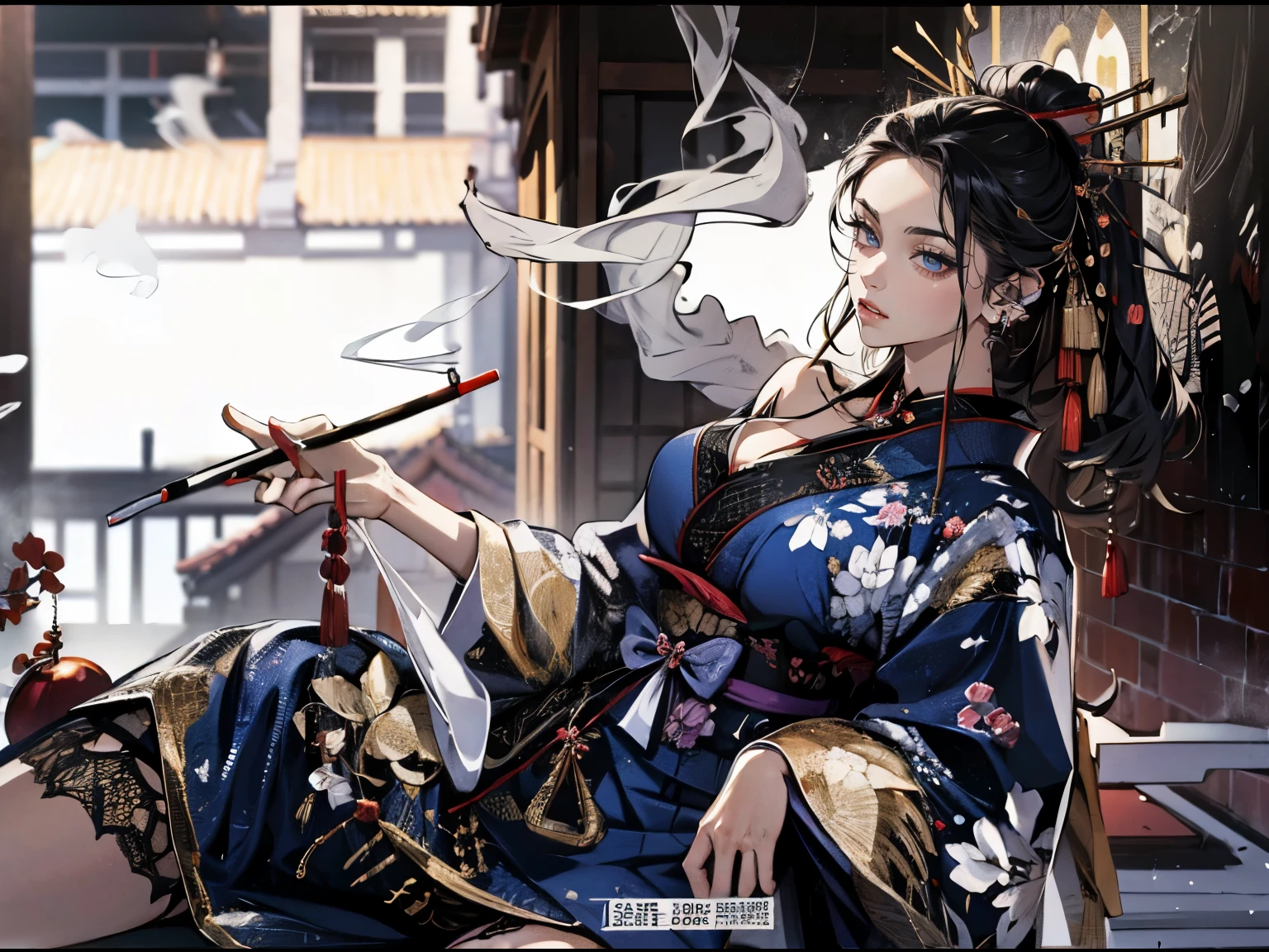 (absurdres, highres, super high resolution), with swords is trending at Art Station and Pixive, (solo), (1girl:1.5), ((white background))), ((( visible chest bone ))), (((Big breasts))), side slit skirt, Chinese Three Kingdoms dress costume, Hair Metal Ornaments, ((mesh)), Samurai girl,  lingerie for beautiful women, garter belt, (((smoking 파이프))), ((smoking)), Kimono