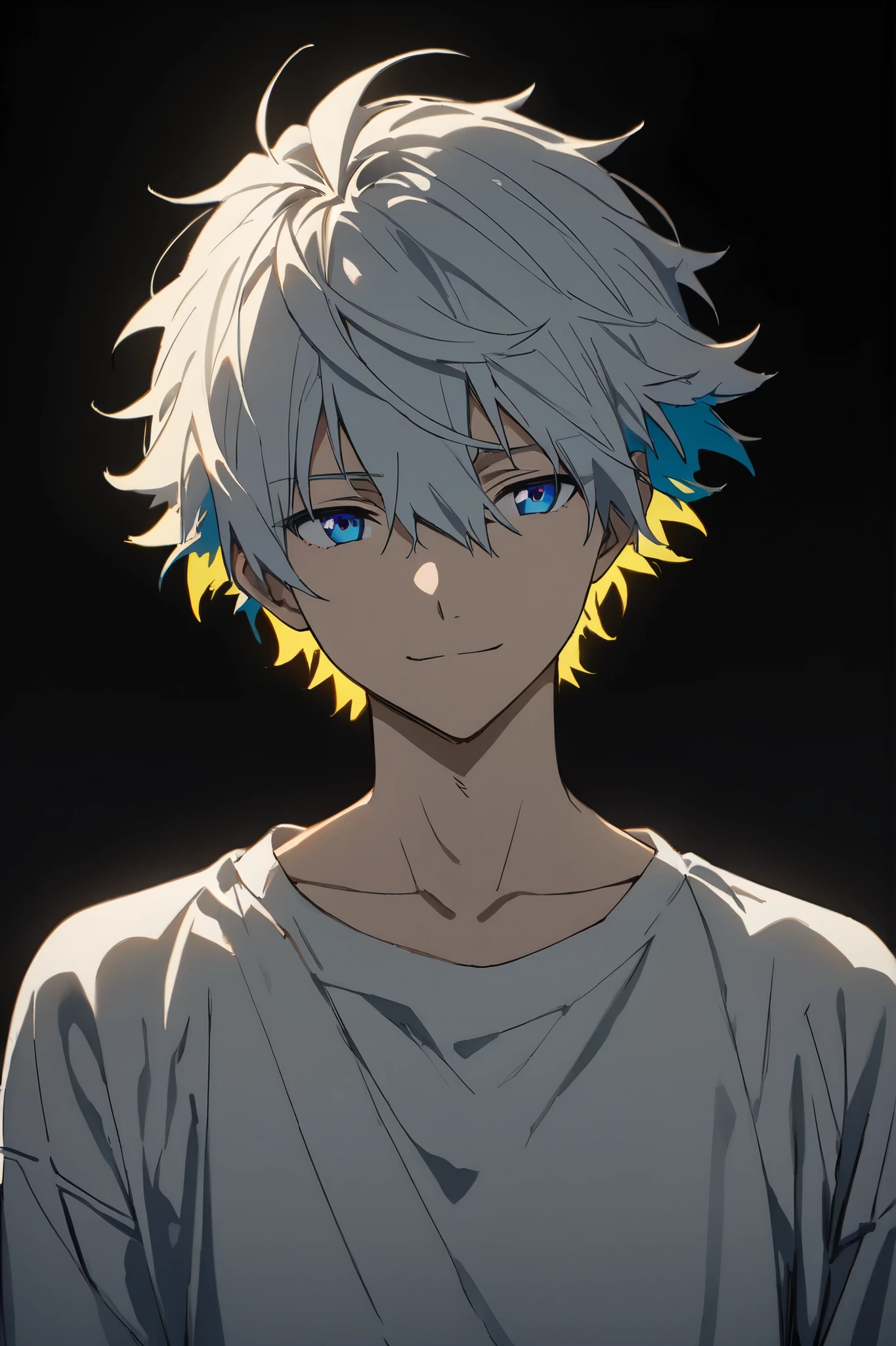 [(Black BACKGROUND:1.5),::5], ((masterpiece)), high quality, ultra very high resolution, full color, ((solo)), ((adult male)), ((men's white Short hair), (inner hair yellow), (blue eye.), light smile, anime, (upper body), (DARKNESS EFFECT:1)