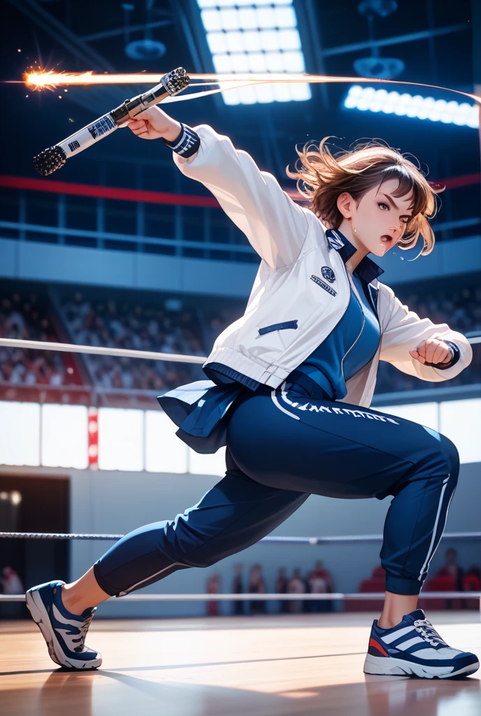 Irene, Brown short hair, Are standing, smile, Cute expression,Upper Body, Fingerless gloves,boots, Yellow scarf, Chinese clothes with polka dots, Elbow pads, ribbon, belt, Dirty Water, , Stone ruins, Are standing,Upper Body,(Very detailed, Beautifully detailed face, masterpiece, highest quality), That's right Sakura、Cherry blossom petals、Cherry blossoms falling、Knotting hair、Colorful Hair、squint、Messy Hair、Messy Hair、Sloppy、squint、Drunk、(fool/ )、highest quality、Genuine、Super delicate illustration、Beautiful and attractive anime girl、Slender body、Tied Hair、One Girl、Girl Photos、Full Body Shot、Beautiful red eyes、Japanese