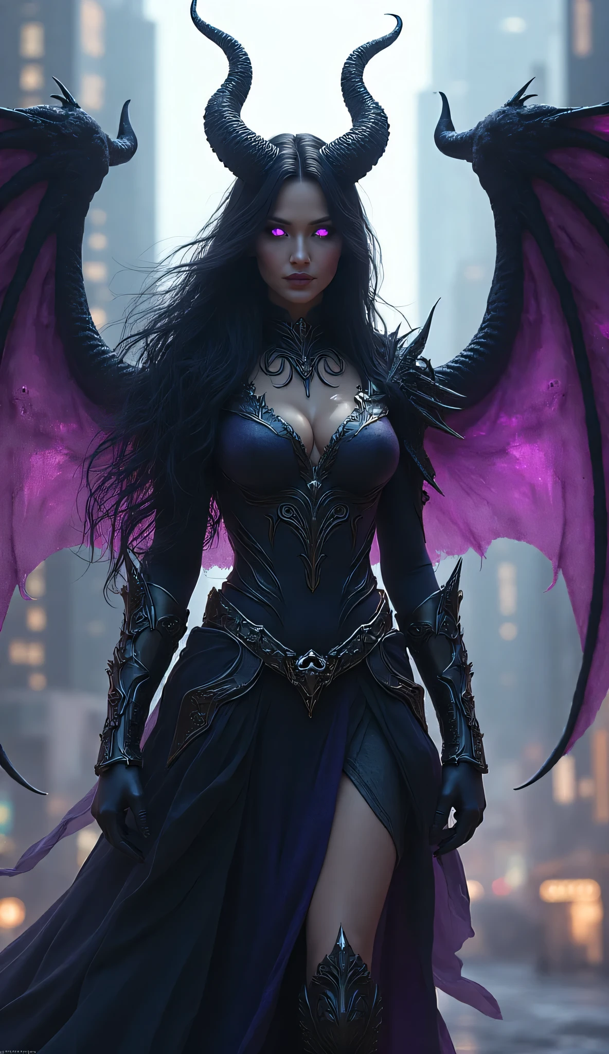 Cinematic full body shot of a beautiful female demon, purple skin, black long hair, purple horns, glowing eyes, big demon wings on her back, wearing shiny armor, hkevil, mythp0rt, amazing quality
