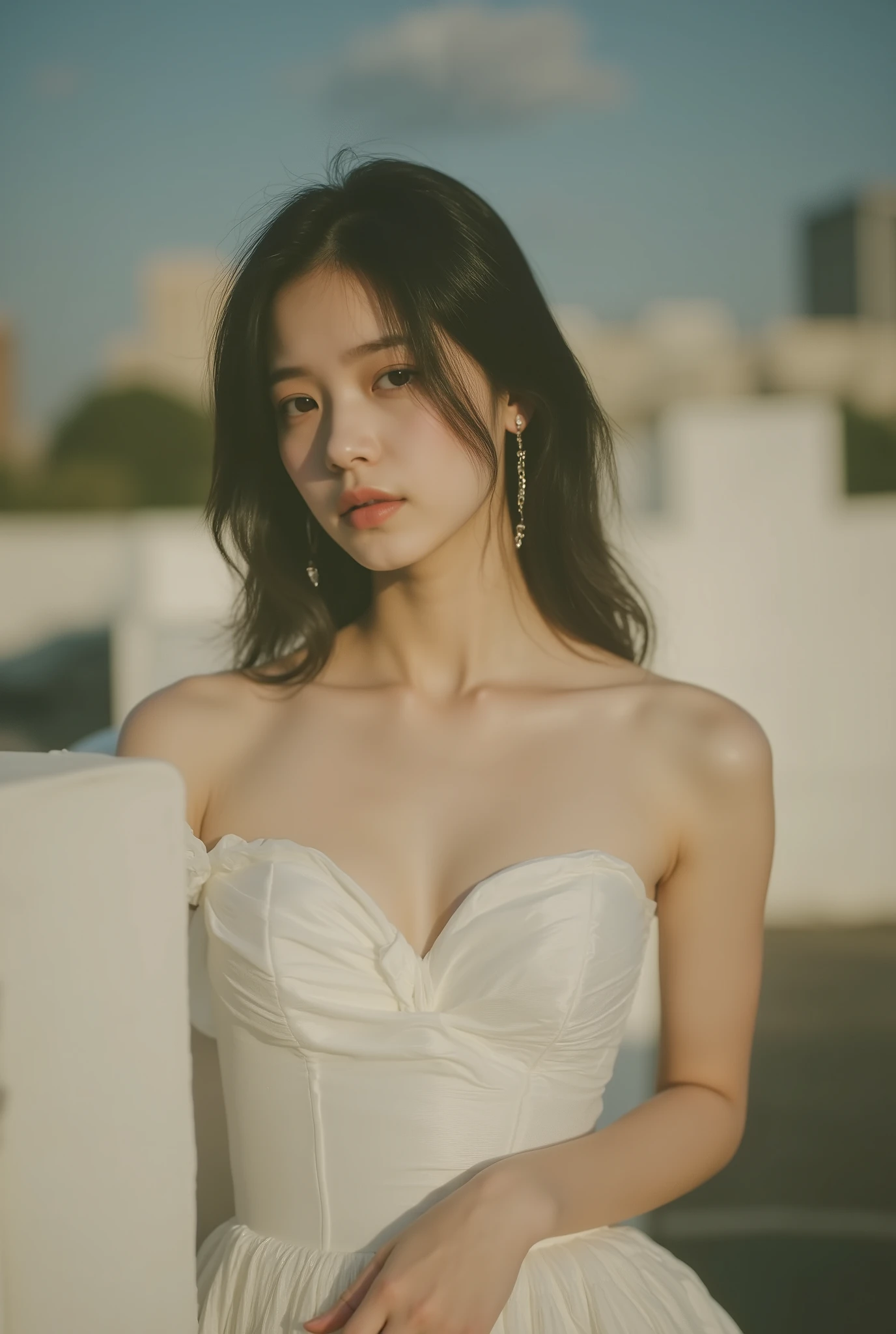 High-End Fashion Photos of Asian Models Wearing Specially Designed Black and White Dresses, Body with voluminous breasts（emphasize:1.5）,tight waist shows proportion, flowing long skirt, sexy pose, Realistic sharp face, pastel finish background, テクスチャーとテクスチャーをemphasize.