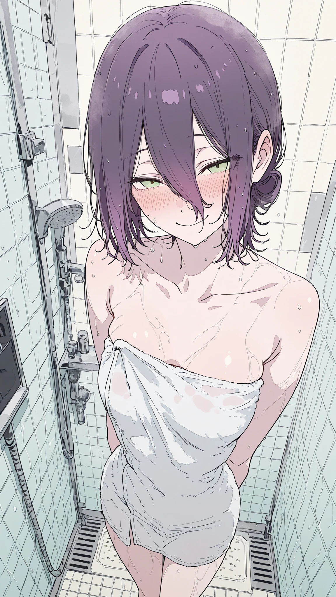 super high resolution on a pile,1girl,reze,A bewitching woman bathing in the bathroom,naughty face,Smile,Blush,fascinated expression,wet hair,Shining Shoulders,Blush,Figure hiding her body with a bath towel,shower room,mysterious sight,  A fantastical atmosphere that seems to be on the border between reality and fantasy,Mysterious Beauty,Extreme High Angle,is embarrassing