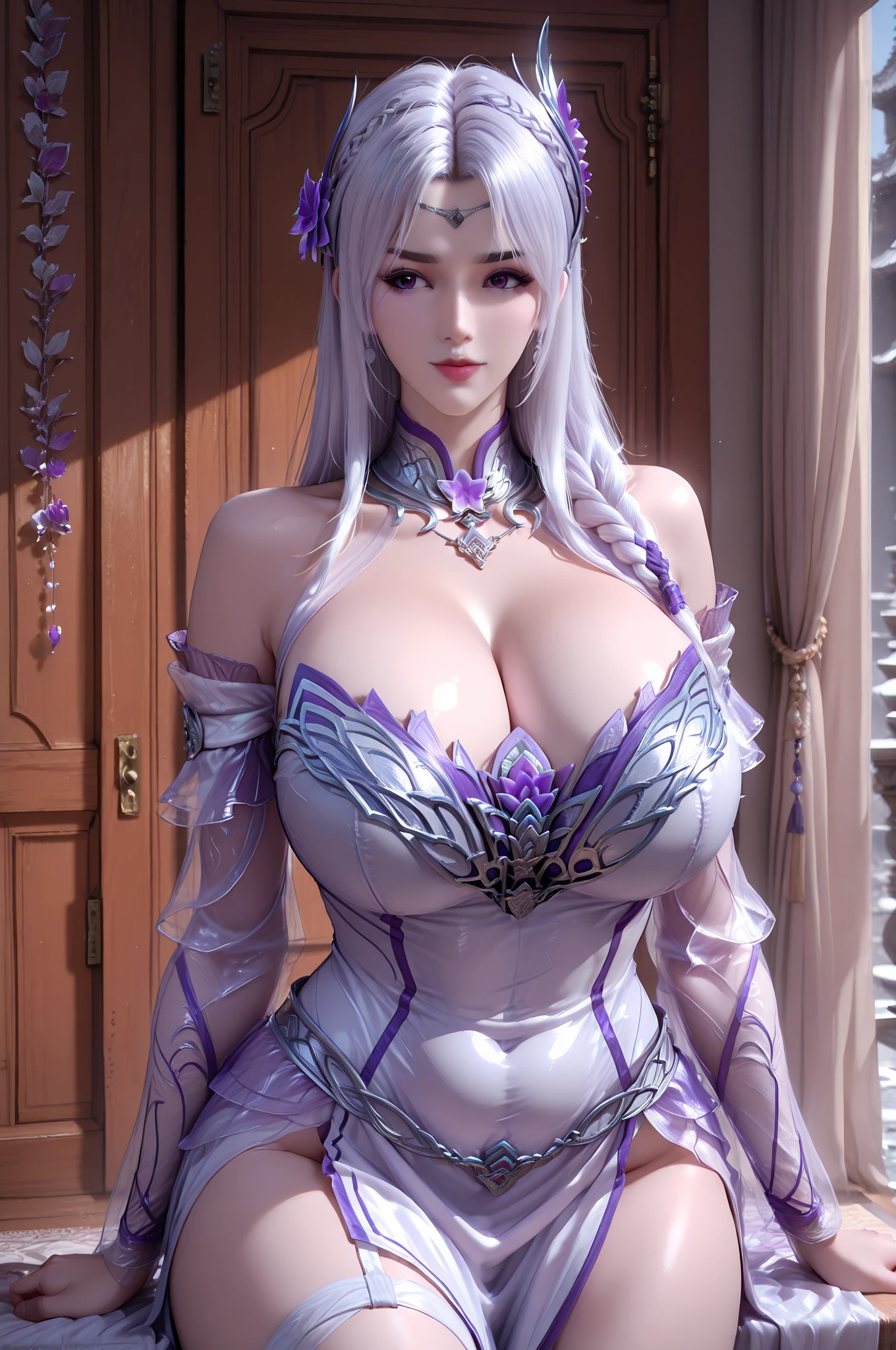 A BUSTY MILF, CLOSE UP UPPER BODY,SOLO, ((DRAGON MECHA HORN, DARK HAIR)), (GIGANTIC FAKE BOOBIES,CLEAVAGE TOP,11 LINE ABS:1.5), ((WEARING OUTFIT WHITE,PURPLE CRIMSON DRAGON MECHA SKIMPY ARMOR:1.5)), (MUSCULAR BODY SHAPE:1.5), (CLEAN GLOSSY BODYSKIN:1.5), (LOOKING AT VIEWER:1.6), (BACKGROUND FUTURISTIC SPACE STATION:1), (PHOTOREALSITIC:1.4), (ULTRA-DETAILLIERT), (TOP-QUALITY), (BEST SHADOWS), BRIGHT LIGHT IN ROOM, HYPER TEXTURE, (4X MSAA), ((UNREAL ENGINE 5 RENDER)), (NEON), PHYSICALLY-BASED RENDERING, ULTRA HIGHT DEFINITION, 16K, 1080P.