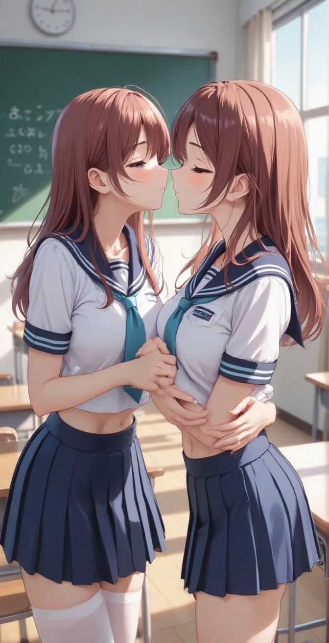 (((masterpiece, Highest quality, High resolution, 超High resolution, Pixel perfect, Written boundary depth, 4K, About RTTX10.0))), Beautiful Anime Women, Beautiful art style, Anime characters, ((Smooth texture, Realistic texture, Anime CG Style)), Exact finger count、Exact number of legs、(Exact number of arms:1.0, Exact number of hands:1.0), (Perfect hands, Perfect ???????), Cinematic, Realistic, Highly detailed CG, Daytime lighting, Perfect lighting, Best Shadow, The best natural light, whole body, Perfect body, (Slender body:1.2), whole body, ((bangs, Dark brown hair, ponytail)), ((Two women stand with their tongues close together, The tongue is connected by mucus, Mucus on the tongue, Mucus dripping from the tongue:1.7)), ((Beautiful and accurate tongue:1.3)), ((Beautiful eyelashes)), ((Detailed face, Blushing:1.2)), (Beautiful and ?????????????:1), (Amazingly beautiful girl), (School classroom:1.3), (Fashionable white shirt, Sailor collar, Navy blue sailor suit, Knee-high socks, Navy pleated mini skirt:1.3), (Open your mouth wide:1.5), (セクシーでcuteパンティ, Shiny satin side-tie light blue panties, Light blue panties with a plain center and lace on the sides:1.3), ((close your eyes:1)), ((cute, Sighing expression)), Breathe with your shoulders, ?????? pleasure expression, Holding in ???、Patience is the limit、On the brink of ??????, (Perfect ???????, Perfect number of arms, Perfect hands)、(??? on face, ??? in mouth:1.1), Side angle, kiss, Put your face close to each other