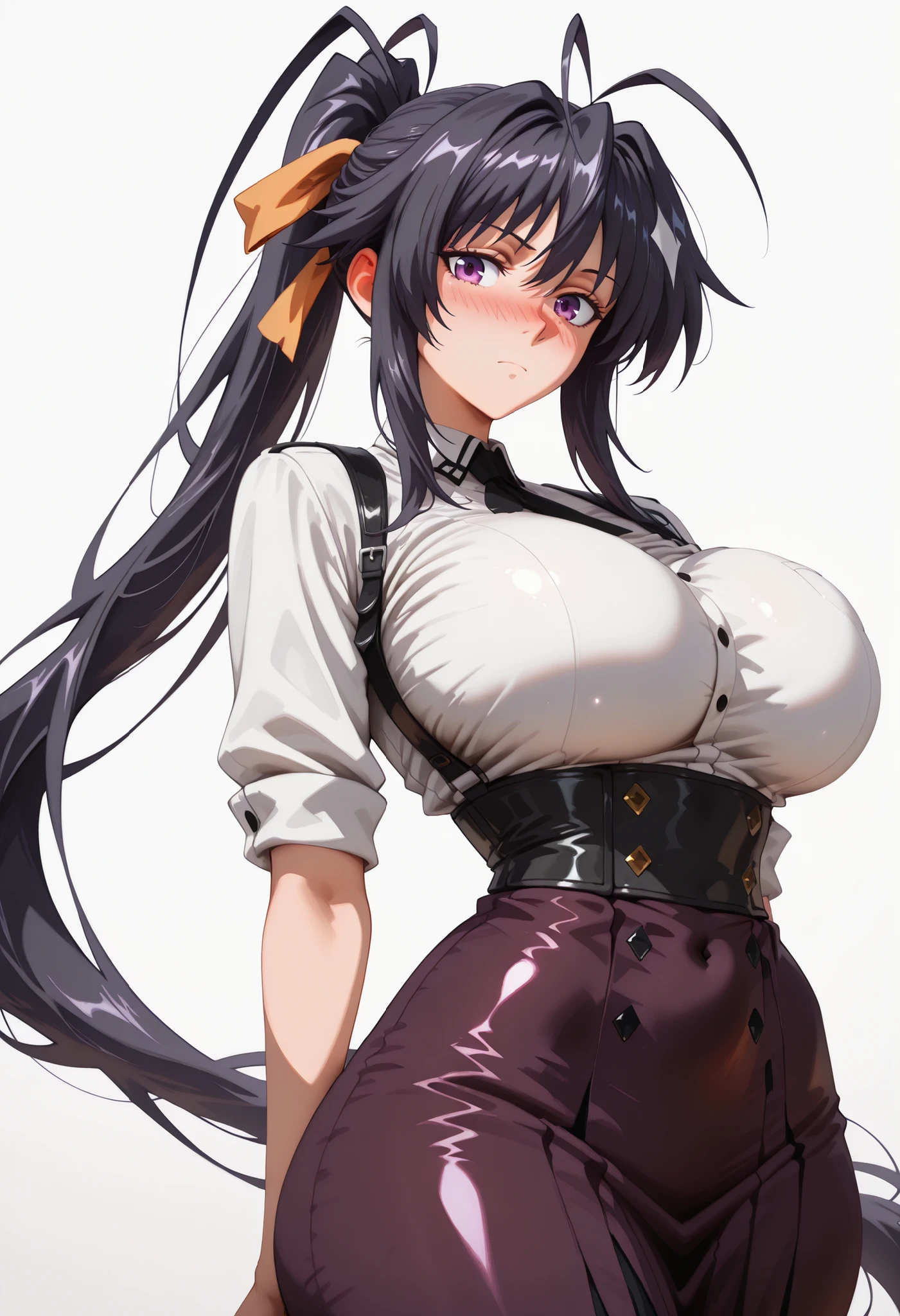 cowboy shot of ((large breast)), ((Thicc)), (()), (wide hips), 1girl, akeno himejima, long hair, black hair, ribbon, very long hair, purple eyes, hair ribbon, ponytail, antenna hair, looking at viewer, shiny skin, shiny hair, shiny body, clear body, nose blush,, POSING,, DYNAMIC POSE,,, NICE LEGS, COWBOY SHOT, ,, TIGHT CLOTHES, covered breasts, , , thick thighs , soft glossy skin , detailed shading , soft light , realistic anime style , ultra-detailed , 8k , masterpiece , highly detailed ,, , VIEW FROM FRONT , , ,, hourglass figure , large bust and wide hips ,, , OPAQUE CLOTHES , covered breasts , ,,white background, empty background, ,,. ,,, DYNAMIC POSE, ,,, longpencilskirt, long skirt