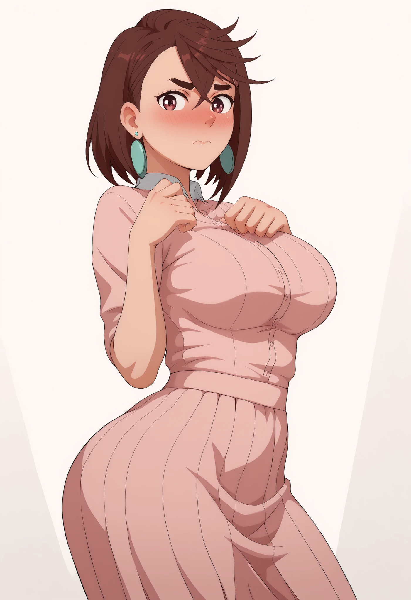 momo ayase, posing embarrassed , red face , short hair, brown hair, brown eyes, bangs, thick eyebrows, large breasts,, shy expression, blushing cheeks, detailed shading, soft shadows,, anime style, high detail, clean background. ,, alone, earrings, nose blush, cowboy shot, detailed background, ,looking at viewer,,, big ass, side pose, dynamic pose, dynamic, dynamic composition,beautiful sunlight, beautiful lighting, lens flare, light leak,,, emotional, . ,COWBOY SHOT,. High-resolution anime-style illustration, clean lines, smooth shading, and rich fabric details., solo focus, looking at viewer, shiny skin, shiny hair, shiny body, clear body, nose blush, BREAST FOCUS, POSING,, DYNAMIC POSE, NICE LEGS, COWBOY SHOT, cowboy shot, NOSE BLUSH,. ,, dynamic pose,, opaque clothes,,, ., opaque clothes, LOOKING AT VİEWER, opaque clothes, POSING,, nice legs, GLOWING EYES, NICE LEGS,, POSING, STANDING, longpencilskirt, long skirt