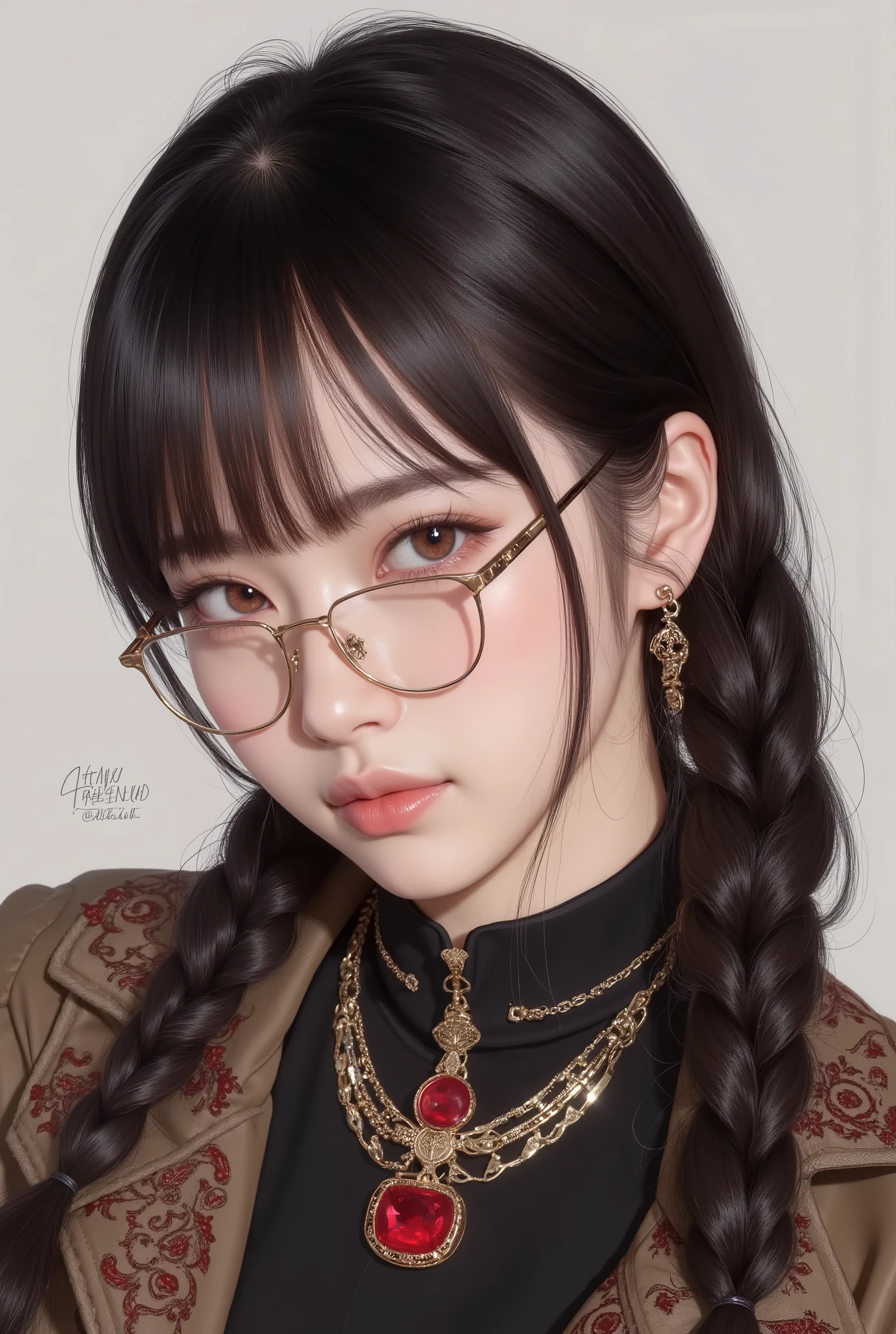 (  Highest Quality, best illustrations,high image quality:1.2), (Horror Fantasy:1.5), (ink and watercolor:1.5),(Ominous Scenery   :1.5),(A lot of dust rises:1.5),(  Dirt Track   :1.5),(wonderful:1.5),(masterpiece:1.5),  (Powerful figures:1.1、Big Breasts:1.3) 、 ((((glasses、Closeup Shot, cute、 Red Eyes、 Evil Ruby's Cursed Necklace )))),(((glasses、Big Breasts、  braids)))、  cute face,  raise eyebrows , ,(Fatal Beauty,  charming beauty ) ,(Mysterious Charm:1.1),(Big Breasts、attractive silhouette),   high image qualityテクスチャ 、High Quality Shadows、   beautiful and delicate face   、 beautiful, delicate, eyes are sticky liquid dripping  、 ray tracing 、 20th Generation、 cute K-POP girl、( The Face of Korea )、Thin face、( Ulzan-6500-v1.1:0.6)、   Face of Pure Loss   _v1 , ( beautiful and delicate face ,  beautiful and delicate eyes,  perfectly balanced face ,  high image quality skin ,  detailed skin,  lens flares {x} perfect ratio 4 fingers to 1 thumb :1.25)、 DSLRs、   地獄から来たbeautiful悪魔女  ,    ATTRACTIVE GIRL  , Real Girls, Gurwitz,  Gurwitz-style Artwork , Girl Roleplay, Realistic 3d style, cgstation Popular Topics,,  8k portrait rendering BYMR. nomi ,（truth,truth:1.4,glassesの少女  :1.2)、cheek、 glossy lips, 1. オーバーサイズ comment:  comment、 come up with an oversized design that covers shoulder to knee.。 navy blue or black are standard colors .、[ Soft khaki or beige , wait.、 Pick the right color for the season 。 2.    choose the color that suits your skin    : To protect yourself from the cold、    choose the color that suits your skin   、 ニットの質感と色を commentに合わせてください .。 3. ワイドレッグ   pants:    pants,  choose a wide leg design 、combines mobility and style。Dark tone denim or black   pants look great.。 4. knee-high boots: オーバーサイズ commentに含まれるもの、boots are black or dark brown Match the texture and color of the fashionable.、  Gives a stylish impression  。 5. accessories:   The  。  Disney  、   long necklace  、6. handbag: handbag、let's match the color of your outfit.