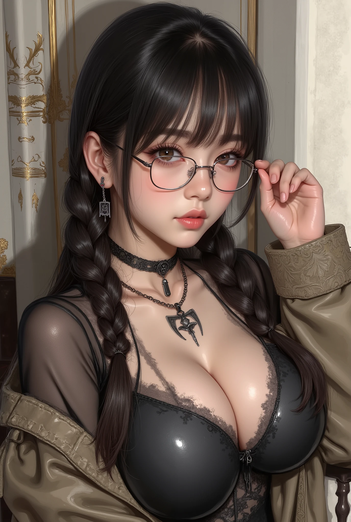 (  Highest Quality, best illustrations,high image quality:1.2), (Horror Fantasy:1.5), (ink and watercolor:1.5),(Ominous Scenery   :1.5),(A lot of dust rises:1.5),(  Dirt Track   :1.5),(wonderful:1.5),(masterpiece:1.5),  (Powerful figures:1.1、Big Breasts:1.3) 、 ((((glasses, cute、 red eyes、 Evil Ruby's Cursed Necklace )))),(((glasses、Big Breasts、  braids)))、  cute face,  raise eyebrows , ,(Fatal Beauty,  charming beauty ) ,(Mysterious Charm:1.1),(Big Breasts、attractive silhouette),   high image qualityテクスチャ 、High Quality Shadows、   beautiful and delicate face   、 beautiful, delicate, eyes are sticky liquid dripping  、 ray tracing 、 20th Generation、 cute K-POP girl、( The Face of Korea )、Thin face、( Ulzan-6500-v1.1:0.6)、   Face of Pure Loss   _v1 , ( beautiful and delicate face ,  beautiful and delicate eyes,  perfectly balanced face ,  high image quality skin ,  detailed skin,  lens flares {x} perfect ratio 4 fingers to 1 thumb :1.25)、 DSLRs、   地獄から来たbeautiful悪魔女  ,    ATTRACTIVE GIRL  , Real Girls, Gurwitz,  Gurwitz-style Artwork , Girl Roleplay, Realistic 3d style, cgstation Popular Topics,,  8k portrait rendering BYMR. nomi ,（truth,truth:1.4,glassesの少女  :1.2)、cheek、 glossy lips, 1. オーバーサイズ comment:  comment、 come up with an oversized design that covers shoulder to knee.。 navy blue or black are standard colors .、[ Soft khaki or beige , wait.、 Pick the right color for the season 。 2.    choose the color that suits your skin    : To protect yourself from the cold、    choose the color that suits your skin   、 ニットの質感と色を commentに合わせてください .。 3. ワイドレッグ   pants:    pants,  choose a wide leg design 、combines mobility and style。Dark tone denim or black   pants look great.。 4. knee-high boots: オーバーサイズ commentに含まれるもの、boots are black or dark brown Match the texture and color of the fashionable.、  Gives a stylish impression  。 5. accessories:   The  。  Disney  、   long necklace  、6. handbag: handbag、let's match the color of your outfit.