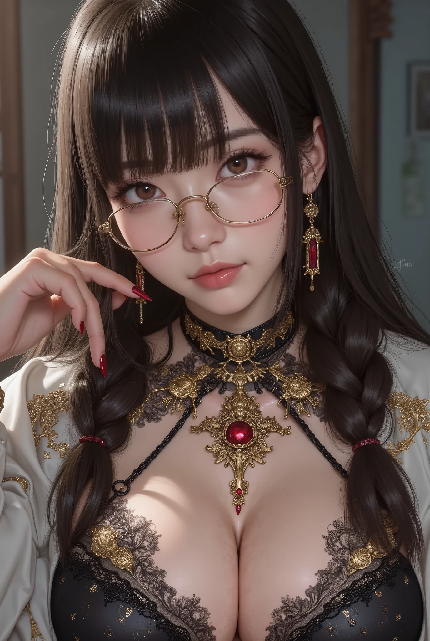 ( Highest Quality, best illustrations,high image quality:1.2), (Horror Fantasy:1.5), (ink and watercolor:1.5),(Ominous Scenery :1.5),(A lot of dust rises:1.5),( Dirt Track :1.5),(wonderful:1.5),(masterpiece:1.5), (Powerful figures:1.1、Big Breasts:1.3) 、 ((((glasses、Closeup Shot, cute、 Red Eyes、 Evil Ruby's Cursed Necklace )))),(((glasses、Big Breasts、 braids)))、 cute face, raise eyebrows , ,(Fatal Beauty, charming beauty ) ,(Mysterious Charm:1.1),(Big Breasts、attractive silhouette), high image qualityテクスチャ 、High Quality Shadows、 beautiful and delicate face 、 beautiful, delicate, eyes are sticky liquid dripping 、 ray tracing 、 20th Generation、 cute K-POP girl、( The Face of Korea )、Thin face、( Ulzan-6500-v1.1:0.6)、 Face of Pure Loss _v1 , ( beautiful and delicate face , beautiful and delicate eyes, perfectly balanced face , high image quality skin , detailed skin, lens flares {x} perfect ratio 4 fingers to 1 thumb :1.25)、 DSLRs、 地獄から来たbeautiful悪魔女 , ATTRACTIVE GIRL , Real Girls, Gurwitz, Gurwitz-style Artwork , Girl Roleplay, Realistic 3d style, cgstation Popular Topics,, 8k portrait rendering BYMR. nomi ,(truth,truth:1.4,glassesの少女 :1.2)、cheek、 glossy lips, 1. オーバーサイズ comment: comment、 come up with an oversized design that covers shoulder to knee.。 navy blue or black are standard colors .、[ Soft khaki or beige , wait.、 Pick the right color for the season 。 2. choose the color that suits your skin : To protect yourself from the cold、 choose the color that suits your skin 、 ニットの質感と色を commentに合わせてください .。 3. ワイドレッグ pants: pants, choose a wide leg design 、combines mobility and style。Dark tone denim or black pants look great.。 4. knee-high boots: オーバーサイズ commentに含まれるもの、boots are black or dark brown Match the texture and color of the fashionable.、 Gives a stylish impression 。 5. accessories: The 。 Disney 、 long necklace 、6. handbag: handbag、let's match the color of your outfit.