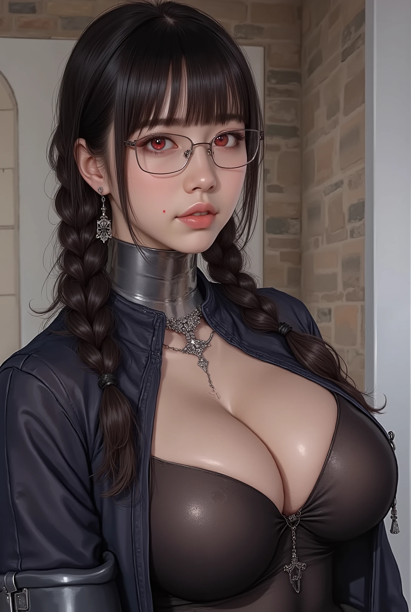 (  Highest Quality, best illustrations,high image quality:1.2), (Horror Fantasy:1.5), (ink and watercolor:1.5),(Ominous Scenery   :1.5),(A lot of dust rises:1.5),(  Dirt Track   :1.5),(wonderful:1.5),(masterpiece:1.5),  (Powerful figures:1.1、Big Breasts:1.3) 、 ((((glasses、Closeup Shot, cute、 Red Eyes、 Evil Ruby's Cursed Necklace )))),(((glasses、Big Breasts、  braids)))、  cute face,  raise eyebrows , ,(Fatal Beauty,  charming beauty ) ,(Mysterious Charm:1.1),(Big Breasts、attractive silhouette),   high image qualityテクスチャ 、High Quality Shadows、   beautiful and delicate face   、 beautiful, delicate, eyes are sticky liquid dripping  、 ray tracing 、 20th Generation、 cute K-POP girl、( The Face of Korea )、Thin face、( Ulzan-6500-v1.1:0.6)、   Face of Pure Loss   _v1 , ( beautiful and delicate face ,  beautiful and delicate eyes,  perfectly balanced face ,  high image quality skin ,  detailed skin,  lens flares {x} perfect ratio 4 fingers to 1 thumb :1.25)、 DSLRs、   地獄から来たbeautiful悪魔女  ,    ATTRACTIVE GIRL  , Real Girls, Gurwitz,  Gurwitz-style Artwork , Girl Roleplay, Realistic 3d style, cgstation Popular Topics,,  8k portrait rendering BYMR. nomi ,（truth,truth:1.4,glassesの少女  :1.2)、cheek、 glossy lips, 1. オーバーサイズ comment:  comment、 come up with an oversized design that covers shoulder to knee.。 navy blue or black are standard colors .、[ Soft khaki or beige , wait.、 Pick the right color for the season 。 2.    choose the color that suits your skin    : To protect yourself from the cold、    choose the color that suits your skin   、 ニットの質感と色を commentに合わせてください .。 3. ワイドレッグ   pants:    pants,  choose a wide leg design 、combines mobility and style。Dark tone denim or black   pants look great.。 4. knee-high boots: オーバーサイズ commentに含まれるもの、boots are black or dark brown Match the texture and color of the fashionable.、  Gives a stylish impression  。 5. accessories:   The  。  Disney  、   long necklace  、6. handbag: handbag、let's match the color of your outfit.