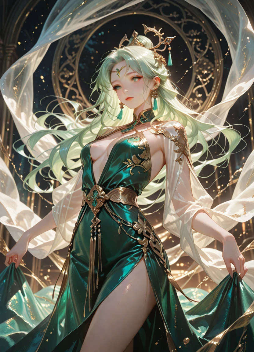 A gypsy with green eyes and black hair, White top with gold medal and red skirt with ruffles, Shell necklace.