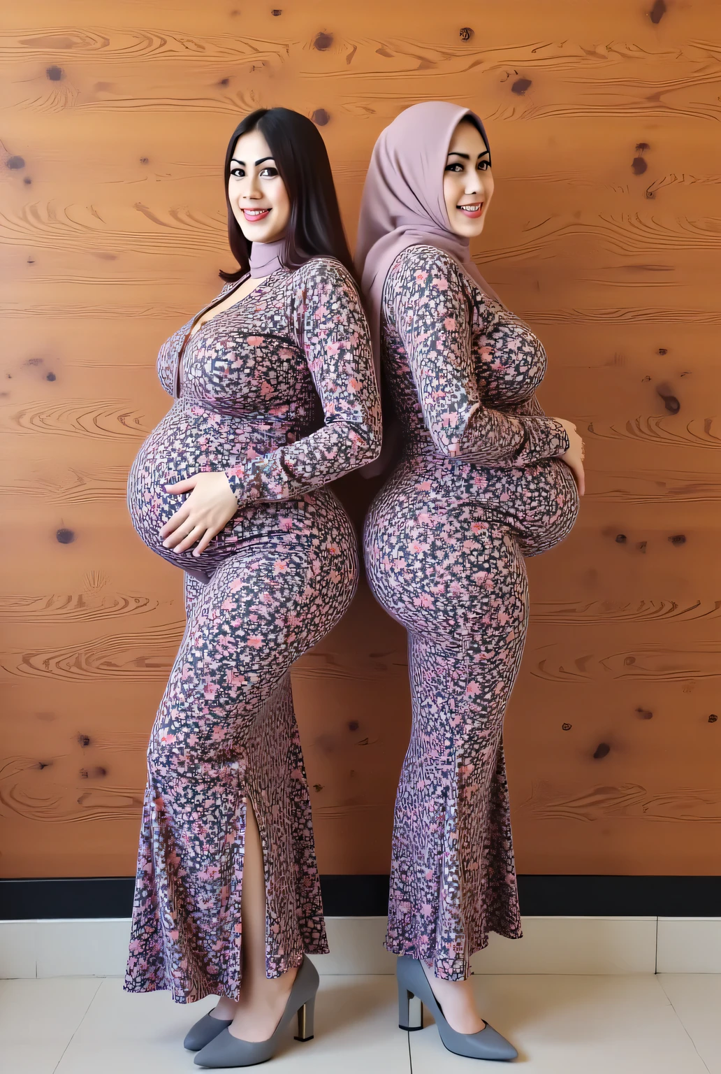 2 preggos 40 year old Indonesia women, pregnant huge belly, big belly, big ass, wearing tight batik dress muslim, hijab, looking camera, wearing grey high heels, pose back to back, background in wooden wall , realistic,