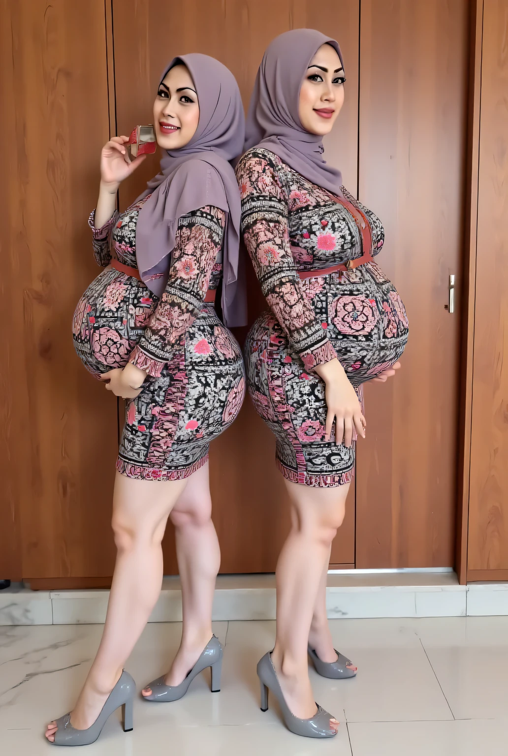 2 preggos 40 year old Indonesia women, pregnant huge belly, big belly, big ass, wearing tight batik short dress muslim, hijab, looking camera, wearing grey high heels, pose back to back, background in wooden wall , realistic,
