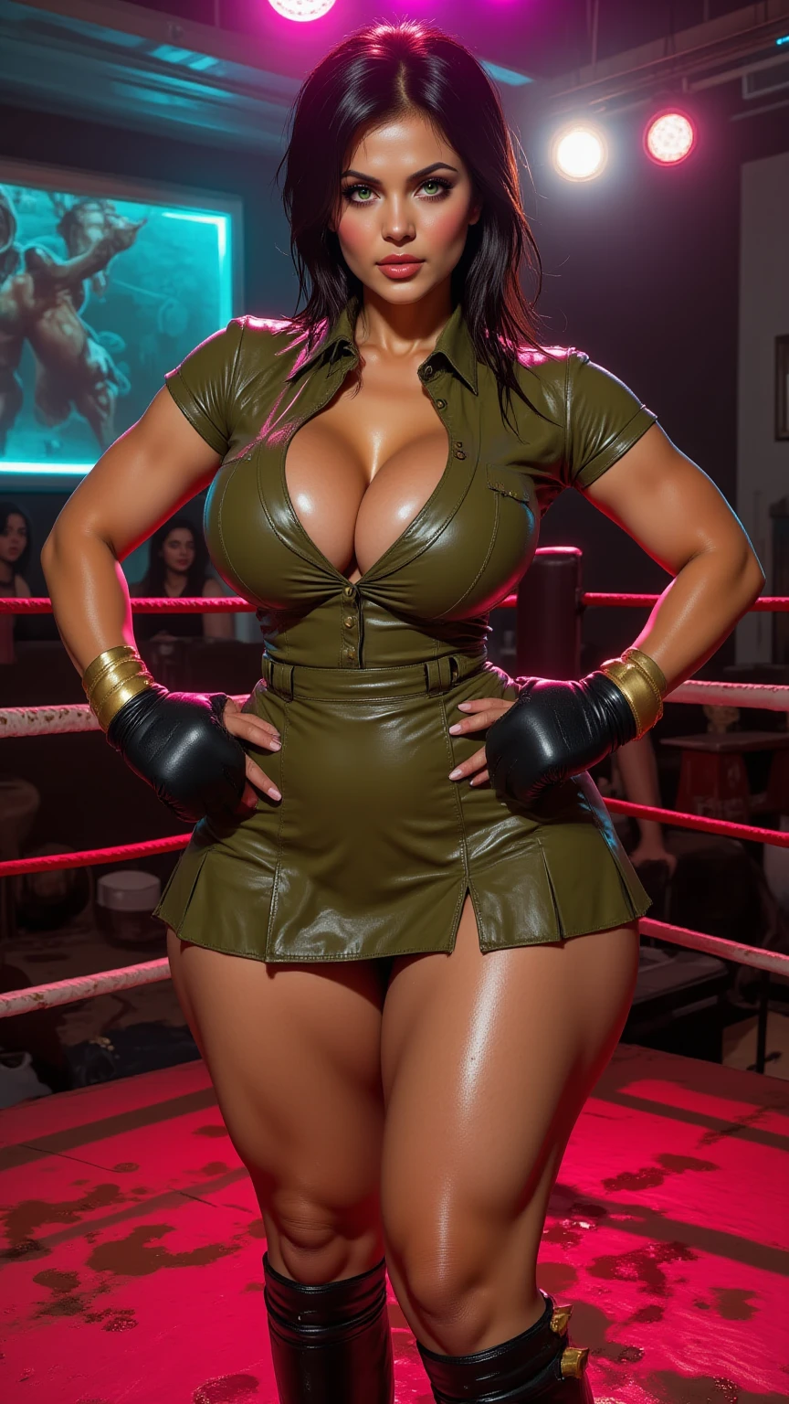 1girl, captured in ultra high resolution with photorealistic and beautiful lighting. ((Short, straight jet black hair:1.5)), (green eyes:1.3), ((olive green boxing shorts:1.3)), ((black leather stiletto-heeled combat boots:1.3)), ((thicc, thick thighs:1.5)), ((muscular physique:1.3)), ((firm round ???????, deep cleavage:1.3)), beautiful large detailed eyes, ???? tight boxing shorts, (red lipstick, makeup), ((full body portrait:1.3)), (intimidating pose in a boxing ring),