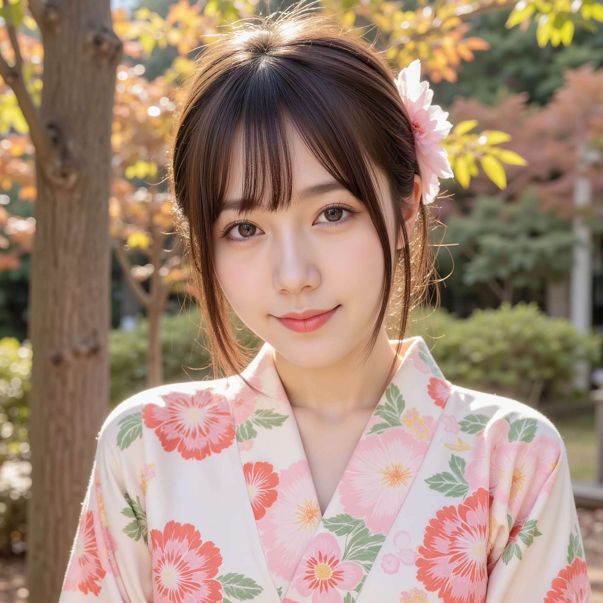 8k, (best quality), (masterpiece), very detailed, high resolution, 8k, (small breasts), thin lips, detailed face, cute Japanese woman, cute 24 year old beauty, beautiful and graceful face, Cute face, natural bangs, arched eyebrows, well-groomed eyebrows, (big eyes with balanced left and right sides), cute eyes, beautiful eyes, beautiful thin nose, beautiful face line, beautiful skin, medium bob hair, natural bangs, Slim face, slim figure, (looking at the camera with a gentle smile), lighting on the face, bright lighting, professional lighting, forward lighting, beautiful legs, smooth skin, (light shining on my face) , (cute smile), Autumn, (autumn leaves), commemorative photos at shrines, (kimonos with Japanese patterns), beautiful obi, (half-up hairstyles), hair accessories,