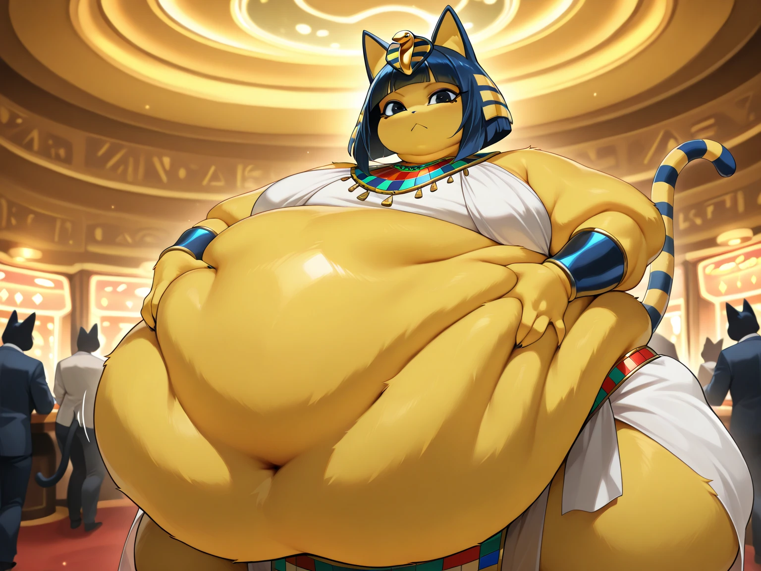 Ankha Peluda, Cat girl, animal crossing, grandes olhos lindos, pele do corpo, curvando-se, wearing standard sportswear, mostrando bunda, melhor qualidade, high resolution, Curvo, muito gordo, quadris largos, enorme, coxas grossas e macias, muito gordo flabby arms, Realistic lighting, alto detalhe, Rosto detalhado, sombreamento realista, rolos de gordura, tamanho enorme,  gigantescos e enormes transbordando de gordura, decote enorme, pesado, mais tamanho, everything is fat, textura macia, lindos olhos grandes, semi-realista, dynamic angle, pattern clothes, muito gordo, SSBBW, fat arms

