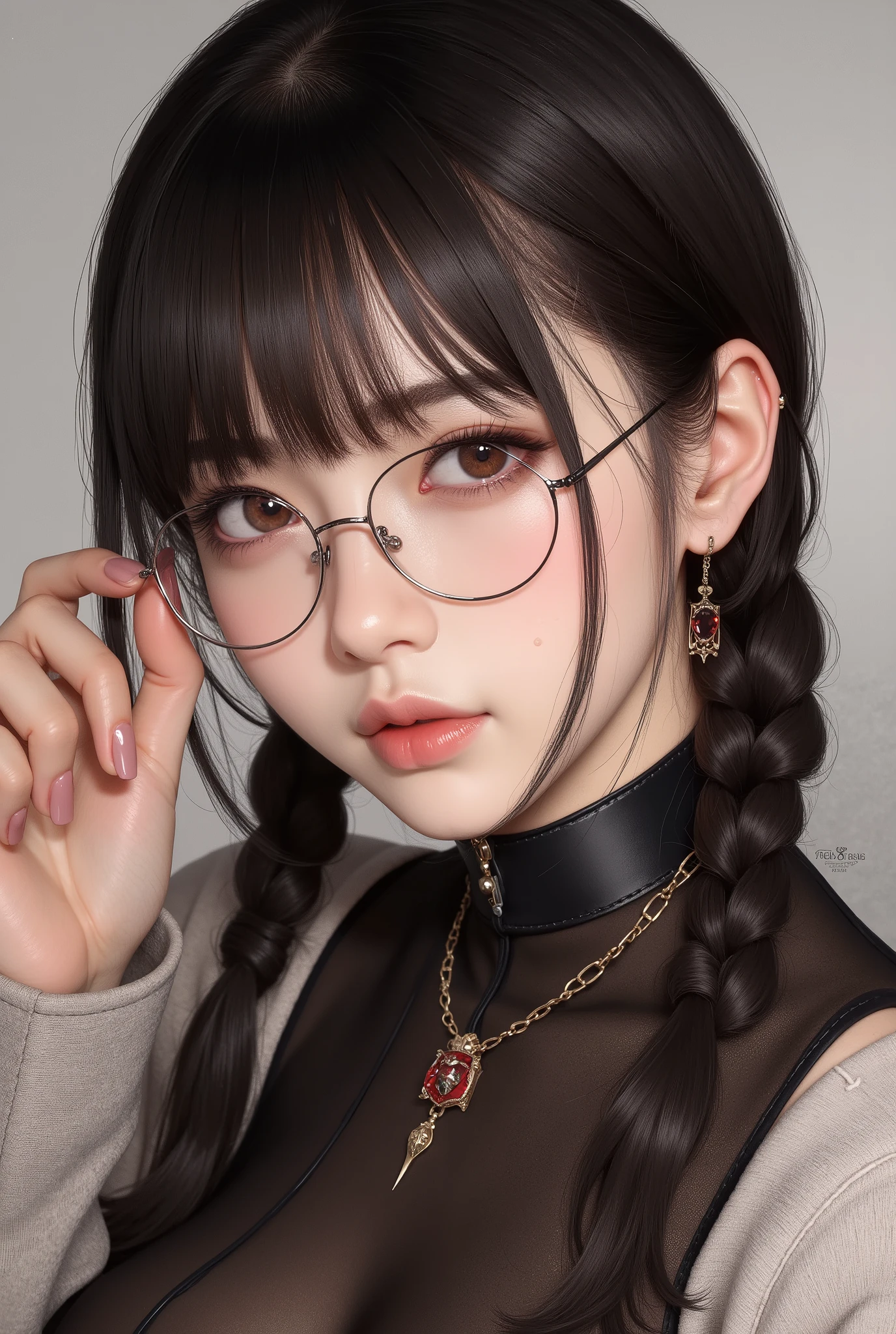 (  Highest Quality, best illustrations,high image quality:1.2), (Horror Fantasy:1.5), (ink and watercolor:1.5),(Ominous Scenery   :1.5),(A lot of dust rises:1.5),(  Dirt Track   :1.5),(wonderful:1.5),(masterpiece:1.5),  (Powerful figures:1.1、Big Breasts:1.3) 、 ((((glasses、Closeup Shot, cute、 Red Eyes、 Evil Ruby's Cursed Necklace )))),(((glasses、Big Breasts、  braids)))、  cute face,  raise eyebrows , ,(Fatal Beauty,  charming beauty ) ,(Mysterious Charm:1.1),(Big Breasts、attractive silhouette),   high image qualityテクスチャ 、High Quality Shadows、   beautiful and delicate face   、 beautiful, delicate, eyes are sticky liquid dripping  、 ray tracing 、 20th Generation、 cute K-POP girl、( The Face of Korea )、Thin face、( Ulzan-6500-v1.1:0.6)、   Face of Pure Loss   _v1 , ( beautiful and delicate face ,  beautiful and delicate eyes,  perfectly balanced face ,  high image quality skin ,  detailed skin,  lens flares {x} perfect ratio 4 fingers to 1 thumb :1.25)、 DSLRs、   地獄から来たbeautiful悪魔女  ,    ATTRACTIVE GIRL  , Real Girls, Gurwitz,  Gurwitz-style Artwork , Girl Roleplay, Realistic 3d style, cgstation Popular Topics,,  8k portrait rendering BYMR. nomi ,（truth,truth:1.4,glassesの少女  :1.2)、cheek、 glossy lips, 1. オーバーサイズ comment:  comment、 come up with an oversized design that covers shoulder to knee.。 navy blue or black are standard colors .、[ Soft khaki or beige , wait.、 Pick the right color for the season 。 2.    choose the color that suits your skin    : To protect yourself from the cold、    choose the color that suits your skin   、 ニットの質感と色を commentに合わせてください .。 3. ワイドレッグ   pants:    pants,  choose a wide leg design 、combines mobility and style。Dark tone denim or black   pants look great.。 4. knee-high boots: オーバーサイズ commentに含まれるもの、boots are black or dark brown Match the texture and color of the fashionable.、  Gives a stylish impression  。 5. accessories:   The  。  Disney  、   long necklace  、6. handbag: handbag、let's match the color of your outfit.
