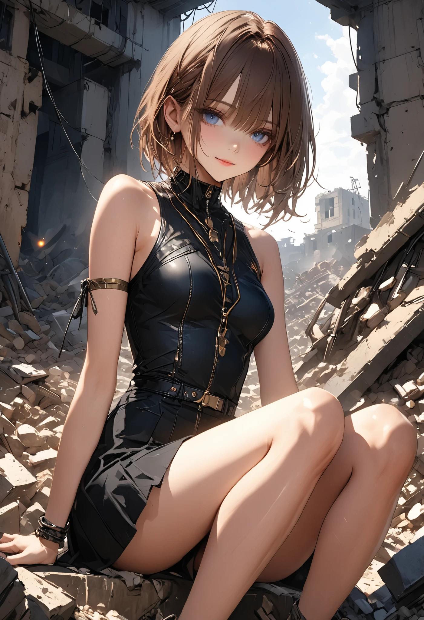 Transcendental Beautiful Girl Warrior、Amazing Hunter with Sharp Movements、Skilled Hunter Hunting for Insects、Inside the Ruins of a Ruined Earth、Buried in rubble、brown hair,shortcuts,unkempt hair,Short braided hair,Neat,slender beauty,correct attitude,small breasted,beautiful legs,Her enchanting gray-blue eyes are shining like stars,Saggy Eyes,bright color,beautiful eyes,A delicate smile,Textured Skin,BEST QUALITY THE BEST,gentle and beautiful woman,anime style、、masterpiece,(masterpiece),fuill body ,best quality ,(Highest Quality), cinematiclighting ,(cinematic lighting)、beautiful detailed eyes ,eye detail connected to an electric wire,uitra-detailed,(Super Detailed),highresolution, (high definition),8k,8K resolution,official art,(official illustration style),Realistic Portrait Full of Details、4K ultra high definition、HDR、studio lighting、Photorealistic、Professional Quality、Vivid color development、deep depth of field