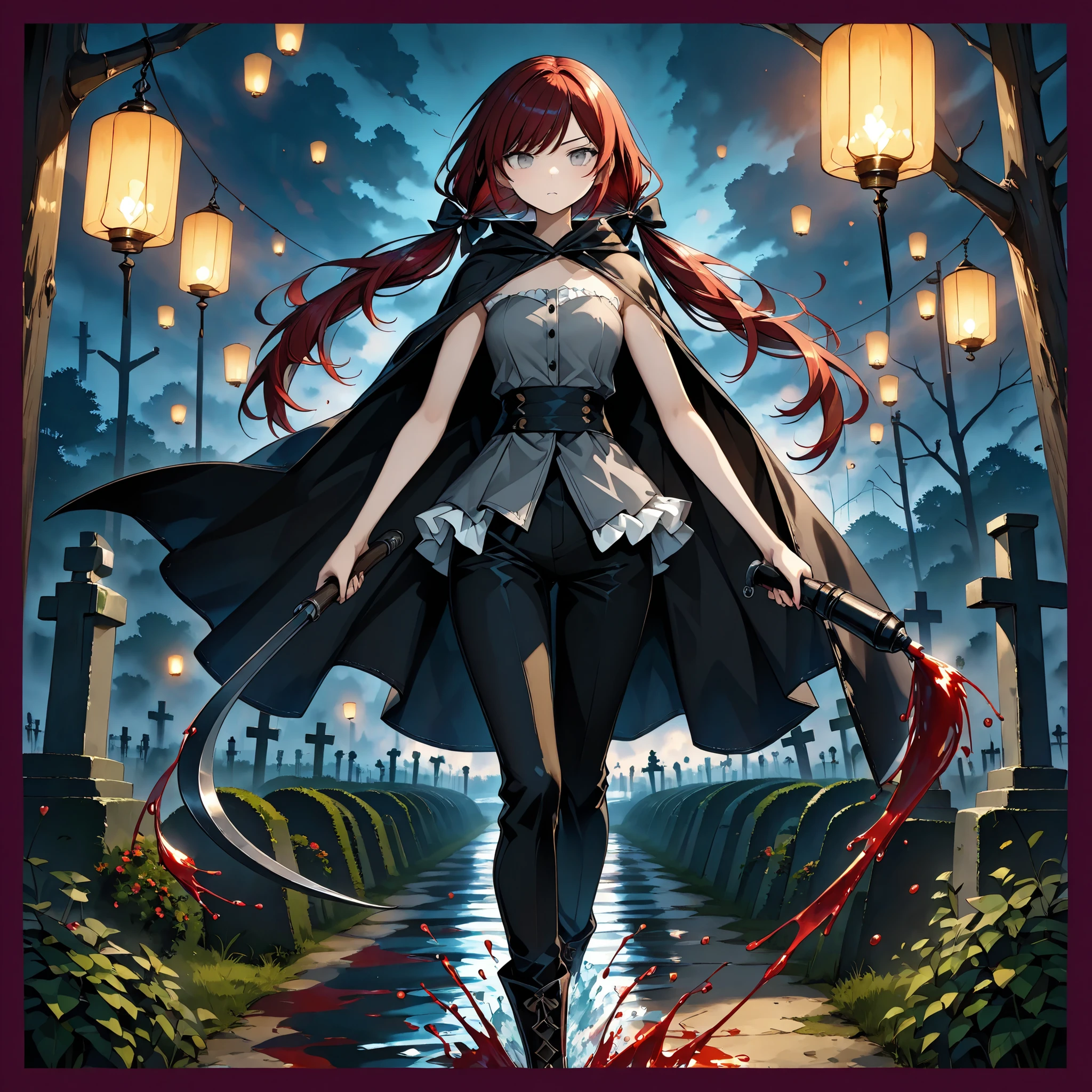 ((dramatic configuration with the effect of splashing ink)), Cartoon style with explosion effect,Dramatic Lighting, thin, Black sickle with purple border, The ragged cloak , Black cloak, glowing Lanterns, Lanterns, black pants, hair bow, gray shirt, White Ruffle Trim, strapless sleeveless shirt, Stoic, bangs, Low Twin Tails, long hair, Dark Red Hair, grey eyes,Cemetery,solo,1girl