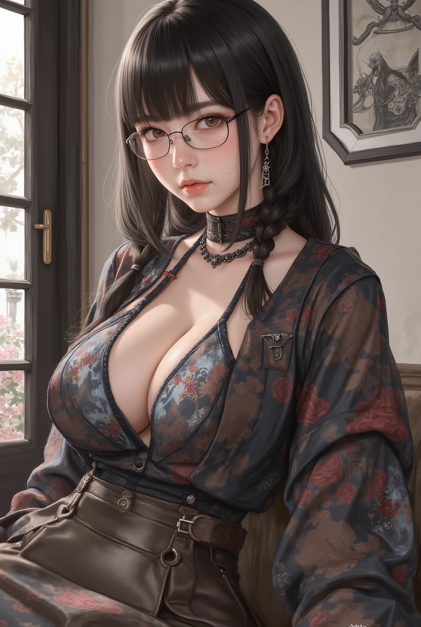 (  Highest Quality, best illustrations,high image quality:1.2), (Horror Fantasy:1.5), (ink and watercolor:1.5),(Ominous Scenery   :1.5),(A lot of dust rises:1.5),(  Dirt Track   :1.5),(wonderful:1.5),(masterpiece:1.5),  (Powerful figures:1.1、Big Breasts:1.3) 、 ((((glasses、Closeup Shot, cute、 Red Eyes、 Evil Ruby's Cursed Necklace )))),(((glasses、Big Breasts、  braids)))、  cute face,  raise eyebrows , ,(Fatal Beauty,  charming beauty ) ,(Mysterious Charm:1.1),(Big Breasts、attractive silhouette),   high image qualityテクスチャ 、High Quality Shadows、   beautiful and delicate face   、 beautiful, delicate, eyes are sticky liquid dripping  、 ray tracing 、 20th Generation、 cute K-POP girl、( The Face of Korea )、Thin face、( Ulzan-6500-v1.1:0.6)、   Face of Pure Loss   _v1 , ( beautiful and delicate face ,  beautiful and delicate eyes,  perfectly balanced face ,  high image quality skin ,  detailed skin,  lens flares {x} perfect ratio 4 fingers to 1 thumb :1.25)、 DSLRs、   地獄から来たbeautiful悪魔女  ,    ATTRACTIVE GIRL  , Real Girls, Gurwitz,  Gurwitz-style Artwork , Girl Roleplay, Realistic 3d style, cgstation Popular Topics,,  8k portrait rendering BYMR. nomi ,（truth,truth:1.4,glassesの少女  :1.2)、cheek、 glossy lips, 1. オーバーサイズ comment:  comment、 come up with an oversized design that covers shoulder to knee.。 navy blue or black are standard colors .、[ Soft khaki or beige , wait.、 Pick the right color for the season 。 2.    choose the color that suits your skin    : To protect yourself from the cold、    choose the color that suits your skin   、 ニットの質感と色を commentに合わせてください .。 3. ワイドレッグ   pants:    pants,  choose a wide leg design 、combines mobility and style。Dark tone denim or black   pants look great.。 4. knee-high boots: オーバーサイズ commentに含まれるもの、boots are black or dark brown Match the texture and color of the fashionable.、  Gives a stylish impression  。 5. accessories:   The  。  Disney  、   long necklace  、6. handbag: handbag、let's match the color of your outfit.