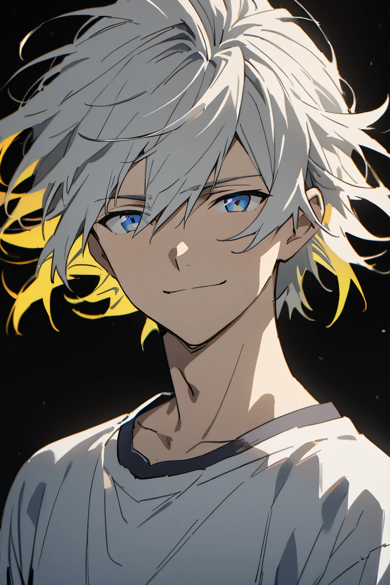 [(Black BACKGROUND:1.5),::5], ((masterpiece)), high quality, ultra very high resolution, full color, ((solo)), ((adult male)), ((men's white Short hair), (streak hair yellow), (blue eye.), light smile, anime, (upper body), (DARKNESS EFFECT:1)