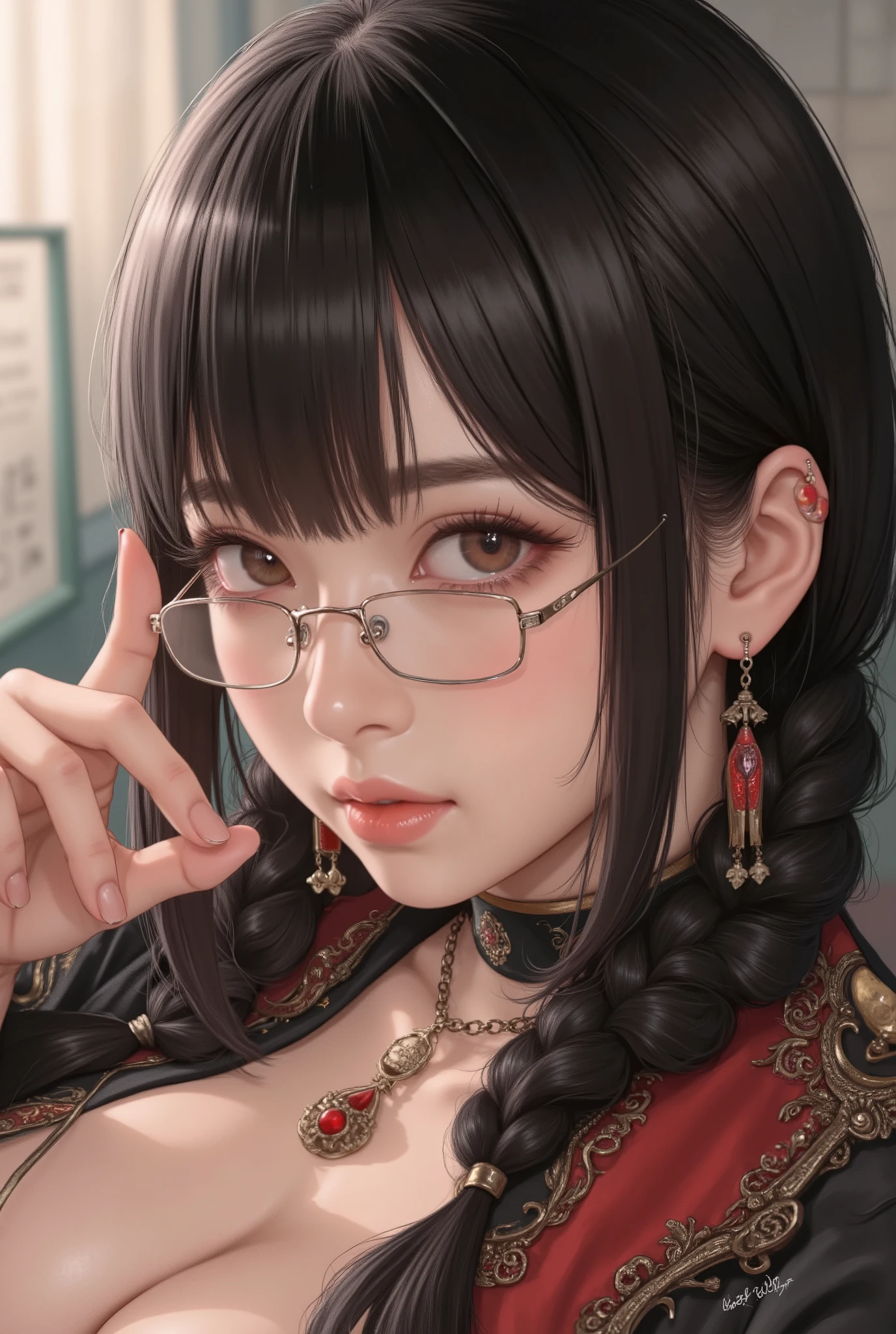 (  Highest Quality, best illustrations,high image quality:1.2), (Horror Fantasy:1.5), (ink and watercolor:1.5),(Ominous Scenery   :1.5),(A lot of dust rises:1.5),(  Dirt Track   :1.5),(wonderful:1.5),(masterpiece:1.5),  (Powerful figures:1.1、Big Breasts:1.3) 、 ((((glasses、Closeup Shot, cute、 Red Eyes、 Evil Ruby's Cursed Necklace )))),(((glasses、Big Breasts、  braids)))、  cute face,  raise eyebrows , ,(Fatal Beauty,  charming beauty ) ,(Mysterious Charm:1.1),(Big Breasts、attractive silhouette),   high image qualityテクスチャ 、High Quality Shadows、   beautiful and delicate face   、 beautiful, delicate, eyes are sticky liquid dripping  、 ray tracing 、 20th Generation、 cute K-POP girl、( The Face of Korea )、Thin face、( Ulzan-6500-v1.1:0.6)、   Face of Pure Loss   _v1 , ( beautiful and delicate face ,  beautiful and delicate eyes,  perfectly balanced face ,  high image quality skin ,  detailed skin,  lens flares {x} perfect ratio 4 fingers to 1 thumb :1.25)、 DSLRs、   地獄から来たbeautiful悪魔女  ,    ATTRACTIVE GIRL  , Real Girls, Gurwitz,  Gurwitz-style Artwork , Girl Roleplay, Realistic 3d style, cgstation Popular Topics,,  8k portrait rendering BYMR. nomi ,（truth,truth:1.4,glassesの少女  :1.2)、cheek、 glossy lips, 1. オーバーサイズ comment:  comment、 come up with an oversized design that covers shoulder to knee.。 navy blue or black are standard colors .、[ Soft khaki or beige , wait.、 Pick the right color for the season 。 2.    choose the color that suits your skin    : To protect yourself from the cold、    choose the color that suits your skin   、 ニットの質感と色を commentに合わせてください .。 3. ワイドレッグ   pants:    pants,  choose a wide leg design 、combines mobility and style。Dark tone denim or black   pants look great.。 4. knee-high boots: オーバーサイズ commentに含まれるもの、boots are black or dark brown Match the texture and color of the fashionable.、  Gives a stylish impression  。 5. accessories:   The  。  Disney  、   long necklace  、6. handbag: handbag、let's match the color of your outfit.