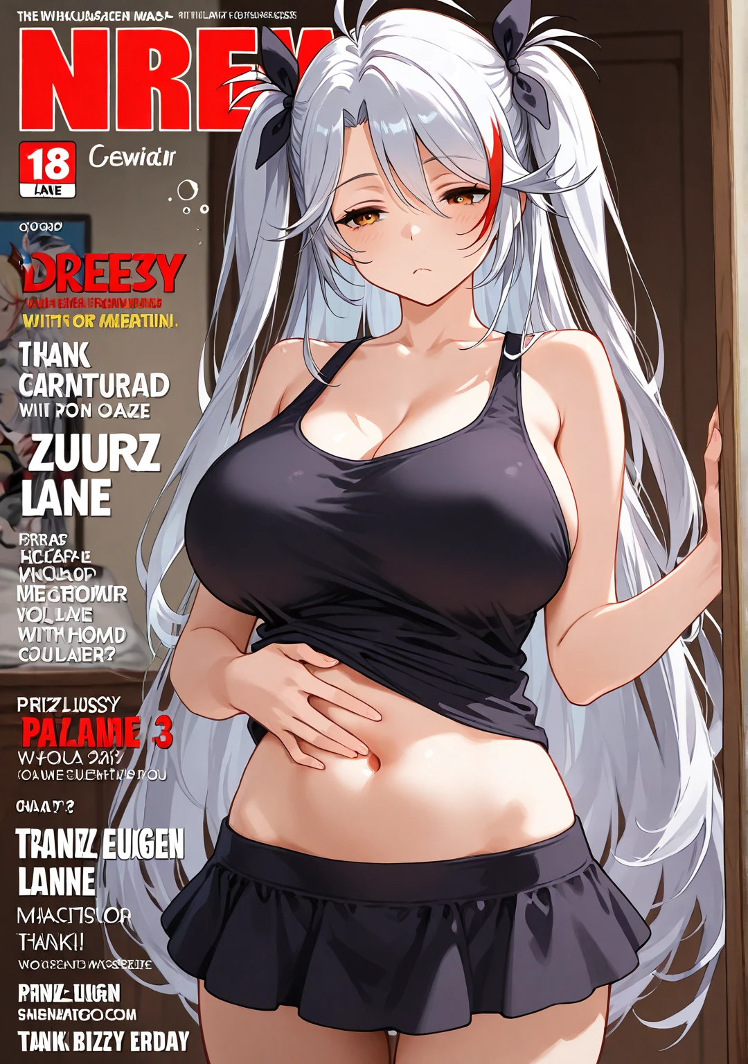 (Masterpiece) (High Detail) (High Res) A short humanoid girl with pale human skin and blue eyes and long blue hair and blue dog ears and a big fluffy dog tail and average ???????. Magazine cover. She is wearing only a pair of blue and white panties and is covering her ??????? with her arm. Bright Pink ???? background Magazine cover.