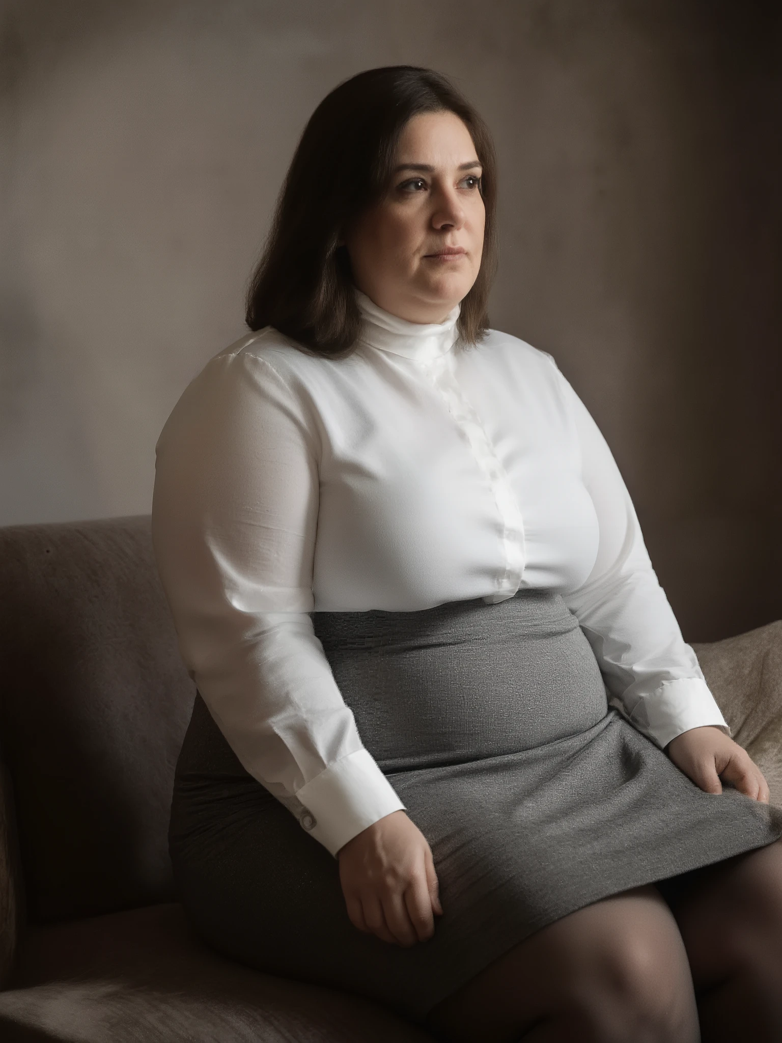 A professional photography of charismatic and elegant plus-size Italian 40 years old woman. She is chubby, tall and has an excessively huge and large breast. Her boobs are heavy, saggy and massive. Wearing a white turtleneck shirt, a grey straight dress, pantyhose and high heels boots. Waiting to be approached on a sofa.
