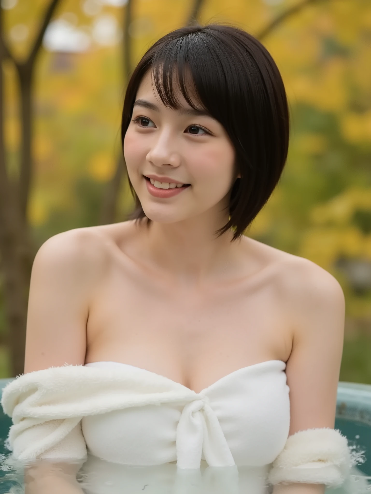 A short-haired beautiful 32-year-old woman looking like Non, inspired by Rena Nounen, Rena Nounen, Rena Nounen style, wearing bath towel, taking outdoor bath surrounded by autumn trees, (((showing cleavage))), (cleavage:1.5), (((hairs reaching shoulders))), smile, (realistic:1.8), (((maple trees))), (outdoor bath:1.2), (((naked towel))), (((breasts wrapped with towel))), neogeo, private press, young glamourous idol, young pretty gravure idol, of a youthful japanese beauty, precisionism, neoclassicism, best quality, super detailed, masterpiece, 32K, (((Best Quality))), ((Ultra-detailed)), ((extremely delicate and beautiful))