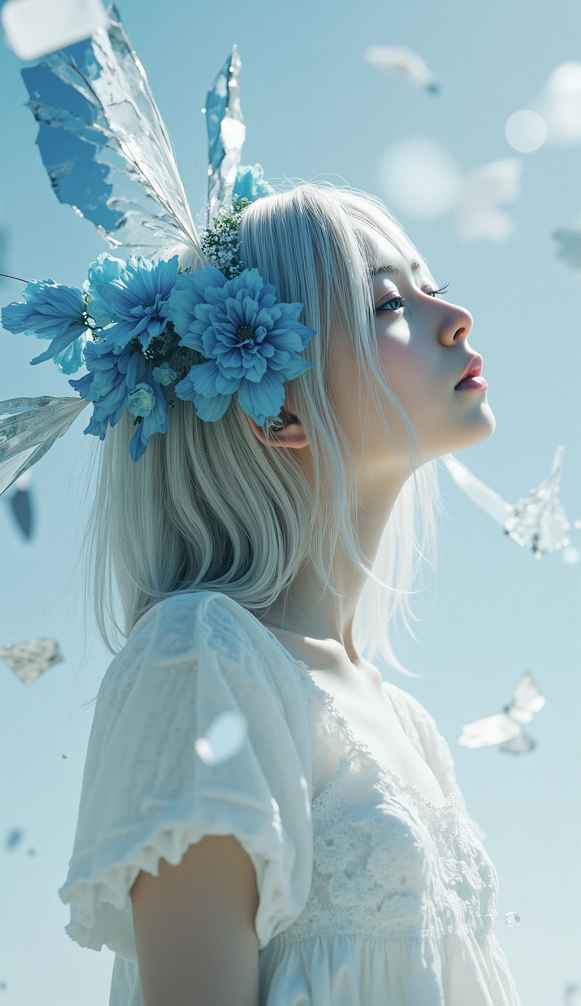 clear_note, side view. Scrawny petite delicate thin 16yo pale silver hair girl with blue flower headdress, no makeup, pale fairy skin, white simple dress. she is looking up to the heavens. shards of mirrors fly through the air, reflects her in fragments. it's reminiscent of her transience and multifaceted. The composition is deliberately chaotic, with elements overlapping each other and going beyond the edges. stunning light expression, Natural dynamic shadows, hyper photorealism, Biologically correct images, innocence, neat and clean, Highest resolution, masterpiece.