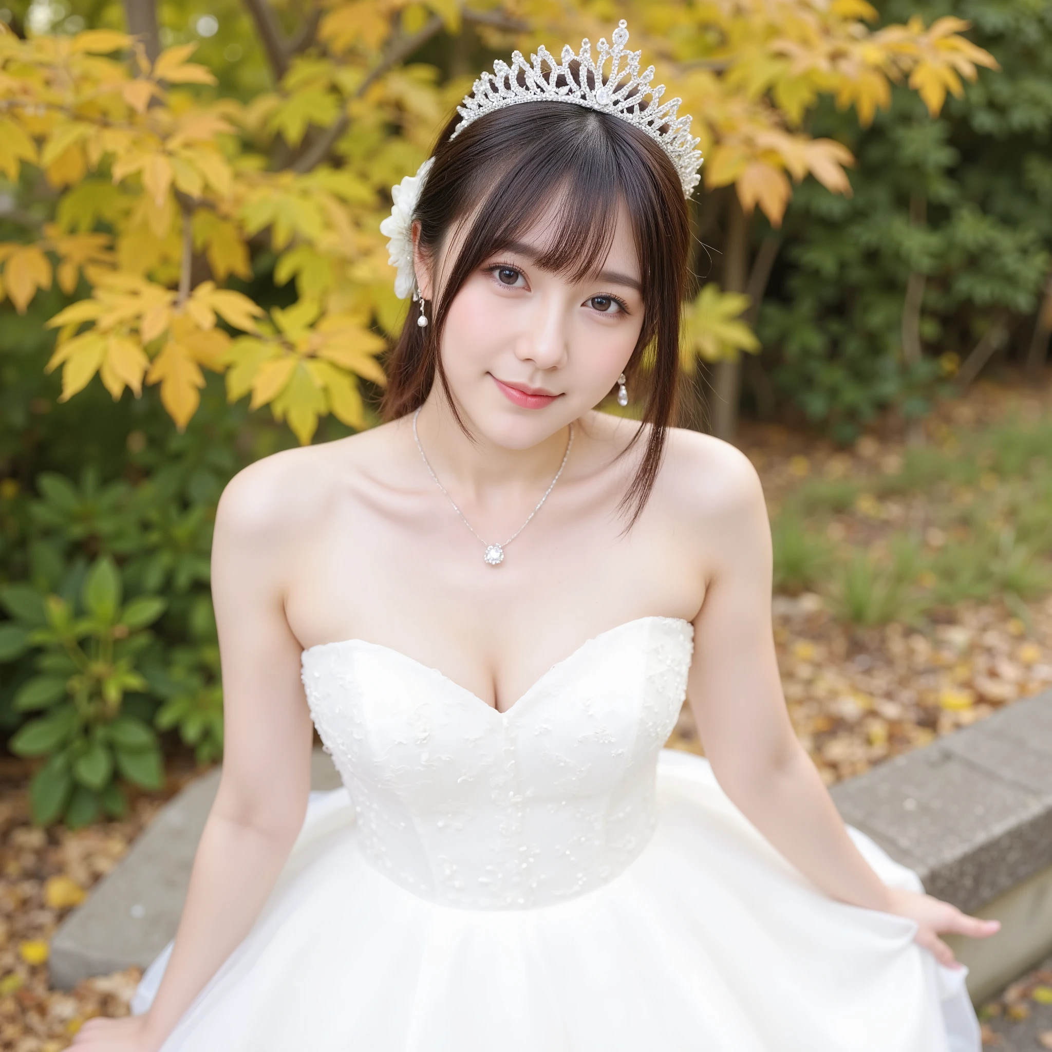 8k, (best quality), (masterpiece), very detailed, high resolution, 8k, (small breasts), thin lips, detailed face, cute Japanese woman, cute 24 year old beauty, beautiful and graceful face, Cute face, natural bangs, arched eyebrows, well-groomed eyebrows, (big eyes with balanced left and right sides), cute eyes, beautiful eyes, beautiful thin nose, beautiful face line, beautiful skin, medium bob hair, natural bangs, Slim face, slim figure, (looking at the camera with a gentle smile), lighting on the face, bright lighting, professional lighting, forward lighting, beautiful legs, smooth skin, (light shining on my face) , (cute smile), (autumn leaves), Cute poses, random poses, ((Leaning forward)), ((White wedding dress:1.5)), Princess dress, wedding dress, tiara, necklace, earrings, wedding ring, wedding skirt,