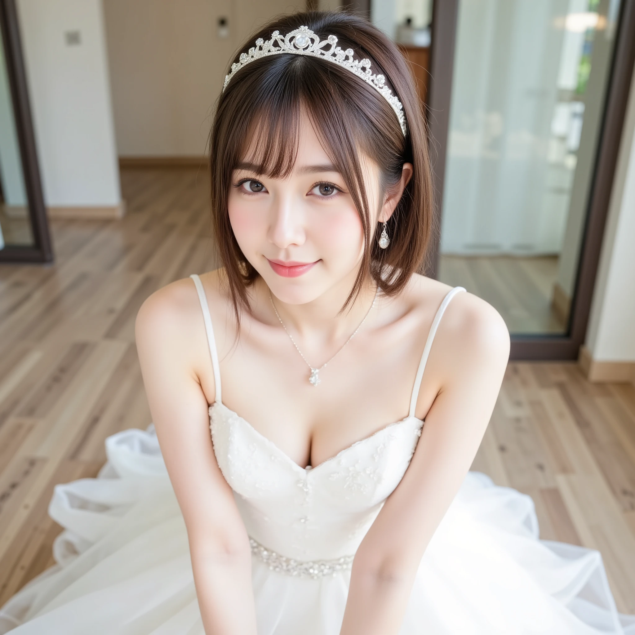 8k, (best quality), (masterpiece), very detailed, high resolution, 8k, (small breasts), thin lips, detailed face, cute Japanese woman, cute 24 year old beauty, beautiful and graceful face, Cute face, natural bangs, arched eyebrows, well-groomed eyebrows, (big eyes with balanced left and right sides), cute eyes, beautiful eyes, beautiful thin nose, beautiful face line, beautiful skin, medium bob hair, natural bangs, Slim face, slim figure, (looking at the camera with a gentle smile), lighting on the face, bright lighting, professional lighting, forward lighting, beautiful legs, smooth skin, (light shining on my face) , (cute smile), Cute poses, random poses, ((Leaning forward)), ((White wedding dress:1.5)), Princess dress, wedding dress, tiara, necklace, earrings, wedding ring, wedding skirt, Leaning forward, girl sitting, wariza, Lavender fields,