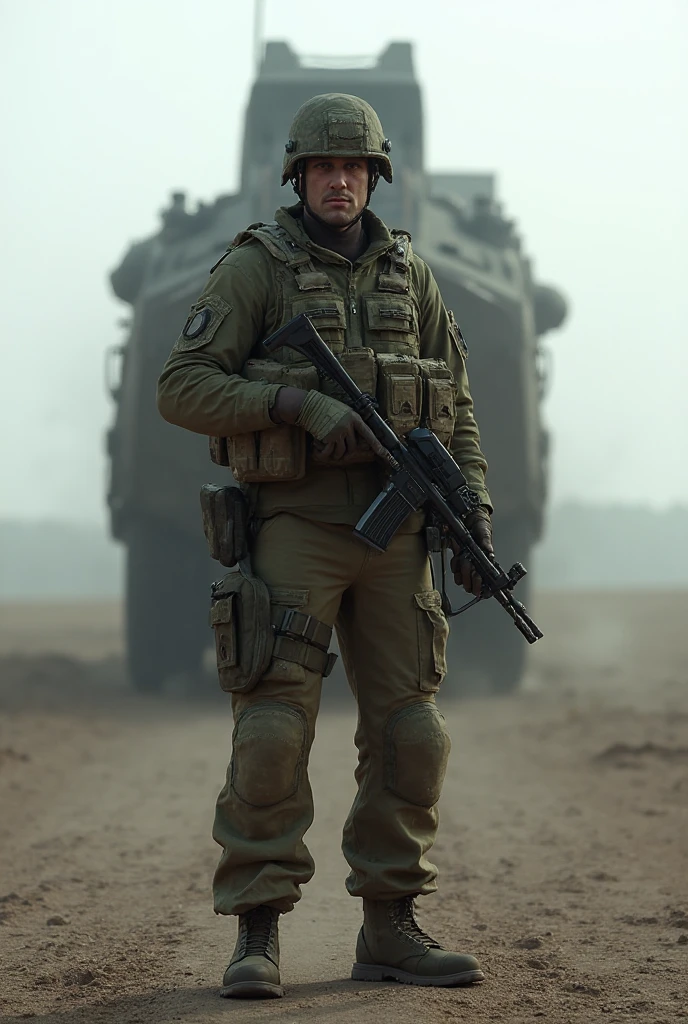 cartaz de um soldado militar, corpo muito musculoso, olhos azuis, 40 anos de idade, com uniforme ocre claro, boina preta, Botas pretas, colete ocre leve, dynamic pose, Standing full body, In the background, ultra realistic, melhor qualidade, alta qualidade, epic scene, cinemactic