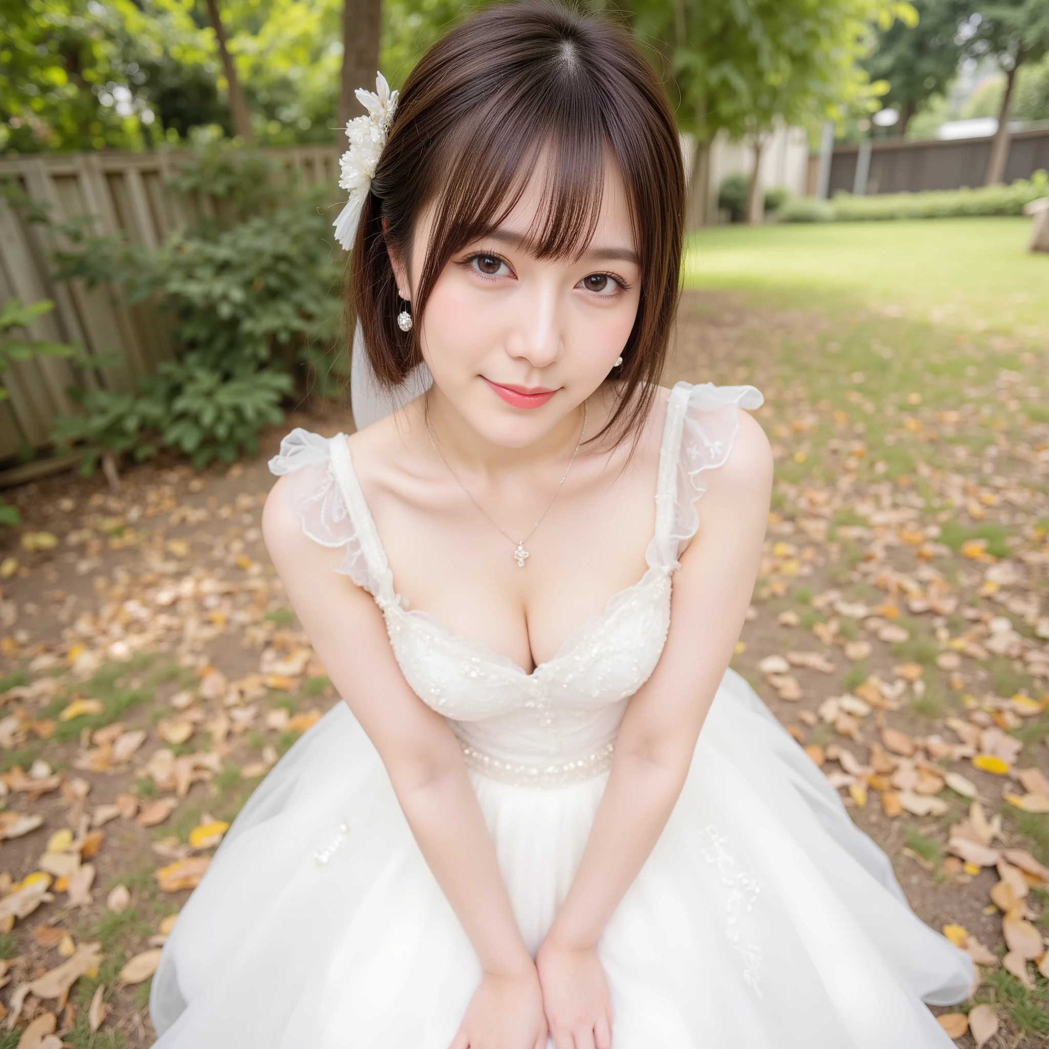 8k, (best quality), (masterpiece), very detailed, high resolution, 8k, (small breasts), thin lips, detailed face, cute Japanese woman, cute 24 year old beauty, beautiful and graceful face, Cute face, natural bangs, arched eyebrows, well-groomed eyebrows, (big eyes with balanced left and right sides), cute eyes, beautiful eyes, beautiful thin nose, beautiful face line, beautiful skin, medium bob hair, natural bangs, Slim face, slim figure, (looking at the camera with a gentle smile), lighting on the face, bright lighting, professional lighting, forward lighting, beautiful legs, smooth skin, (light shining on my face) , (cute smile), Cute poses, random poses, ((Leaning forward)), ((White wedding dress:1.5)), Princess dress, wedding dress, tiara, necklace, earrings, wedding ring, Autumn leaves, fallen leaves,wedding skirt, ((Autumn leaves, fallen leaves)), ((full body:1.5)), (hands on knees:1.5),